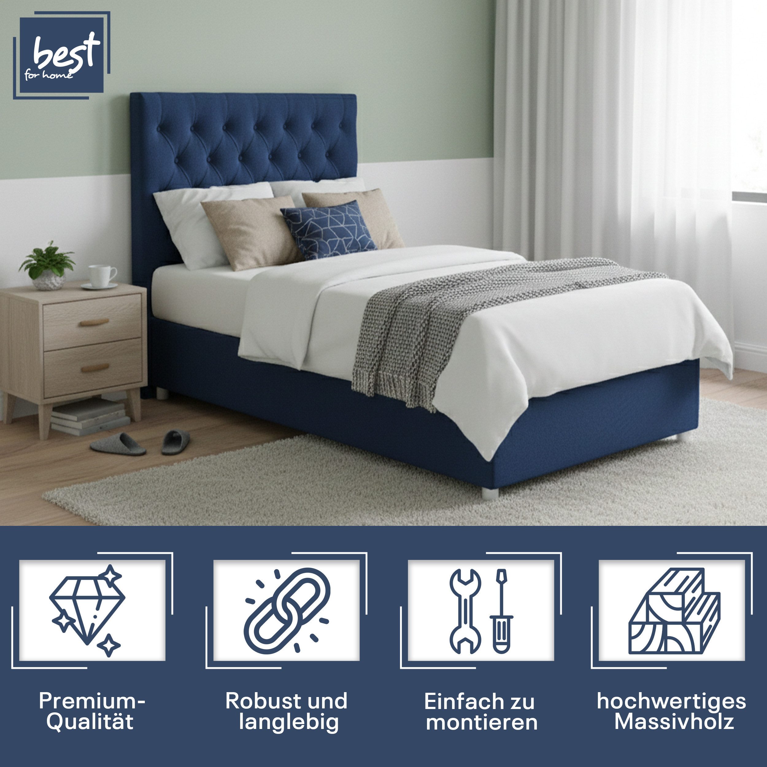 Best for Home Boxspringbett Trinity K-14 mit Bettkasten & PUR-Topper Komfort – Einzelbett (Komplettset, 1-St., 70x200 80x200 90x200 100x200 cm), Stauraumfunktion, 18 cm Bonellfederkernmatratze H3