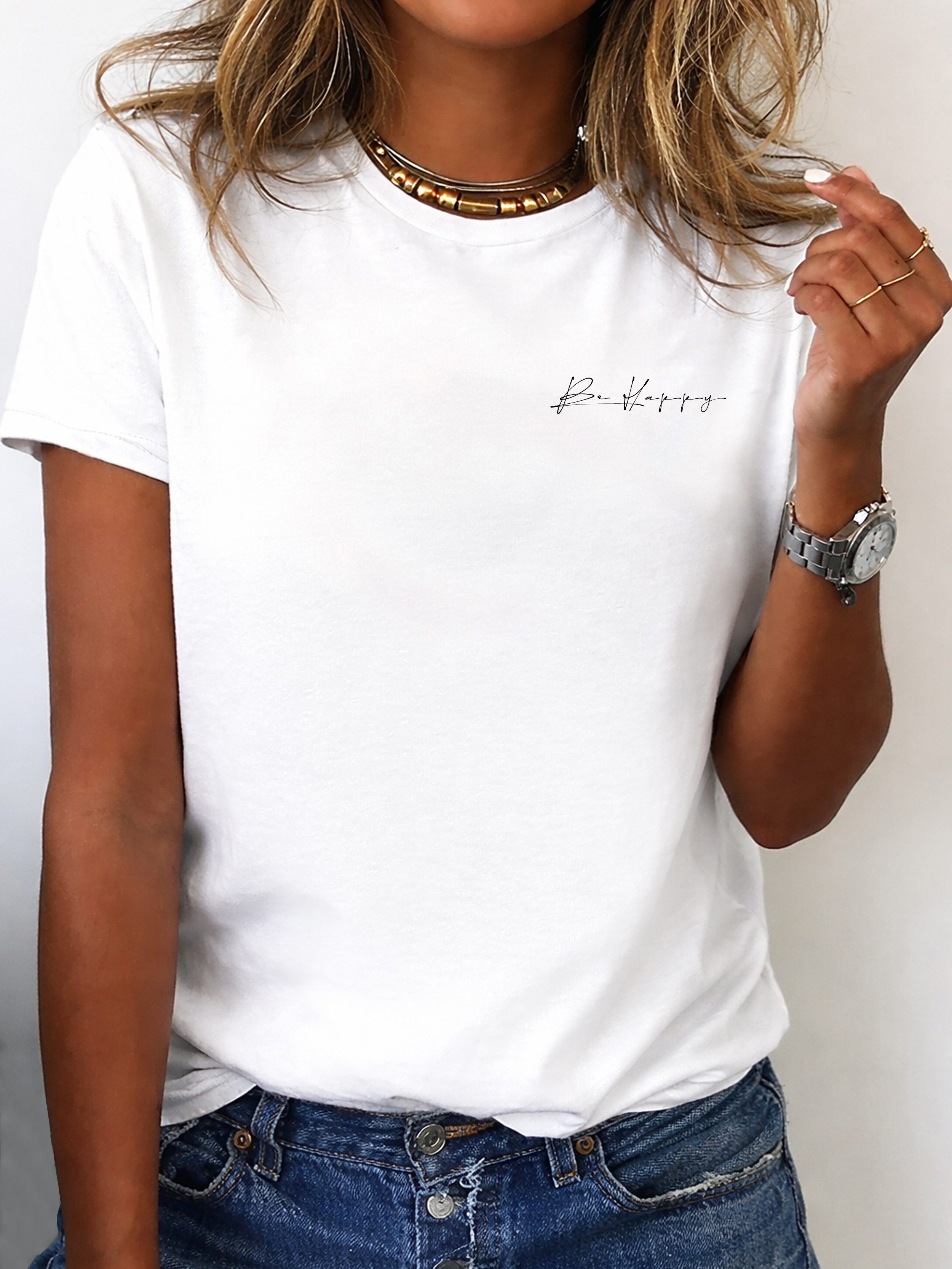 RMK T-Shirt Damen Shirt Rundhals Basic Be Happy Glücklich sein aus Baumwolle