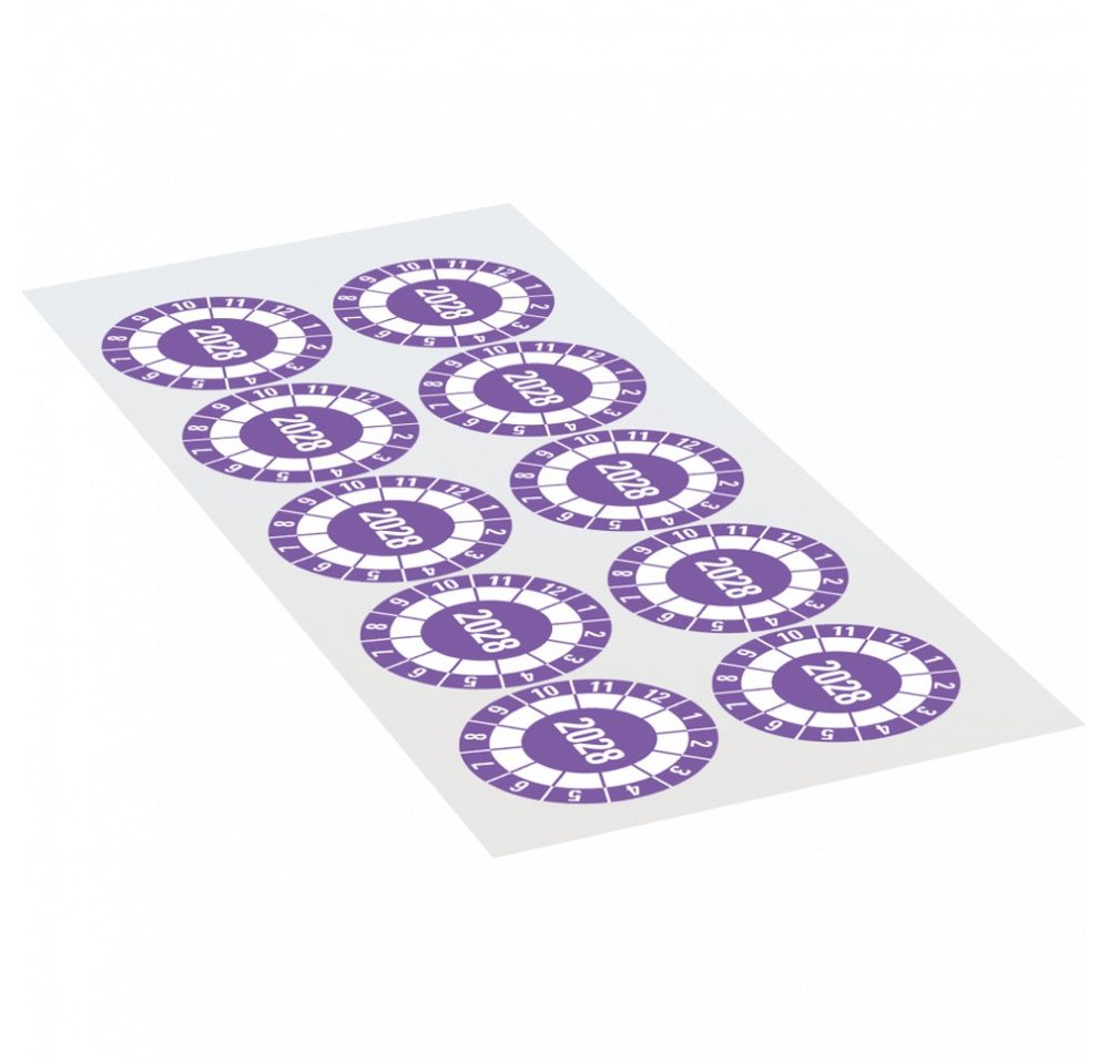 Thumbnail - Dreifke Hinweisschild Prüfplakette 2028, violett, Dokumentenfolie, selbstklebend, Ø40mm, 10