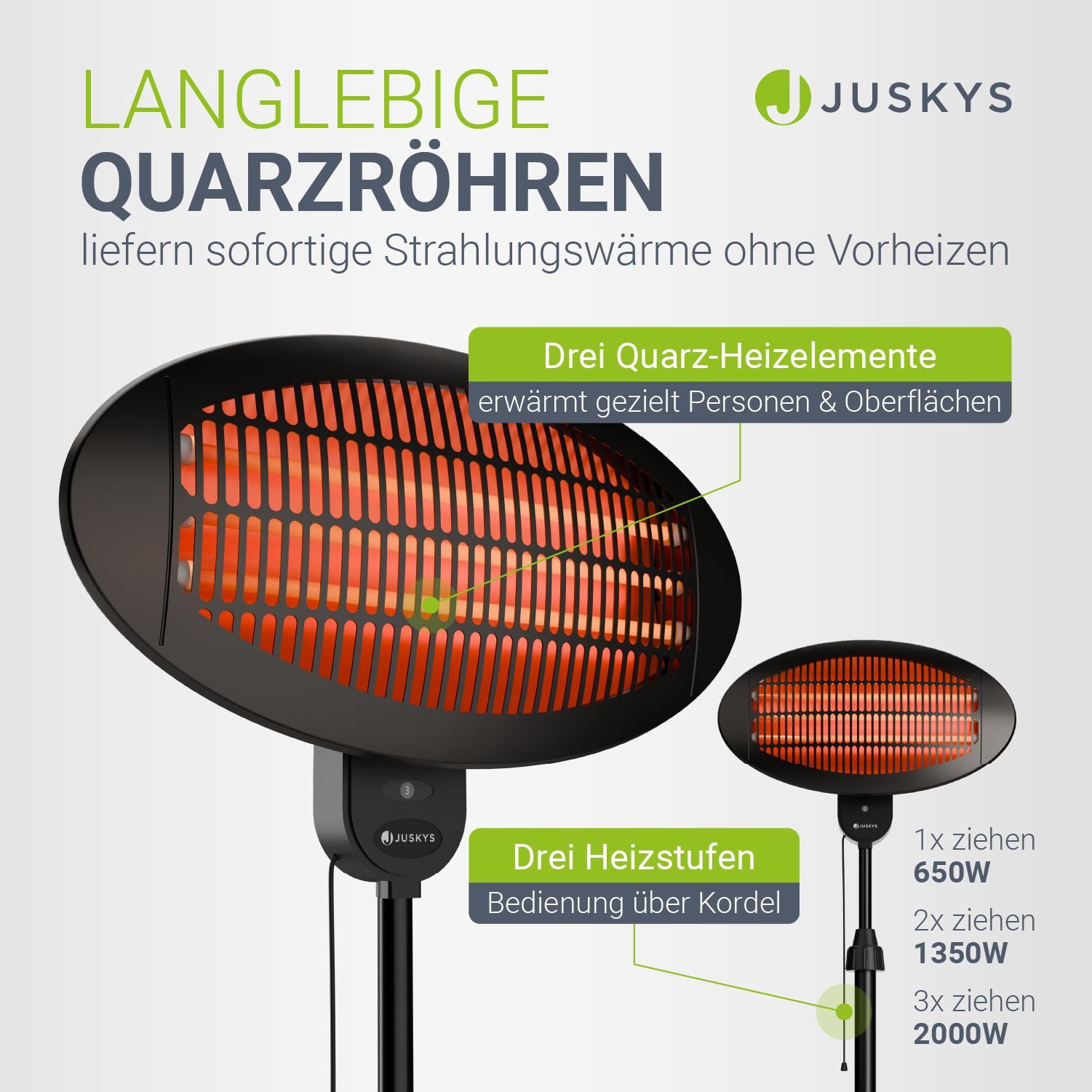 Juskys Infrarotstrahler, 2000 W, 3 Stufen, höhenverstellbar mit Kippschutz, mit Quartzröhren