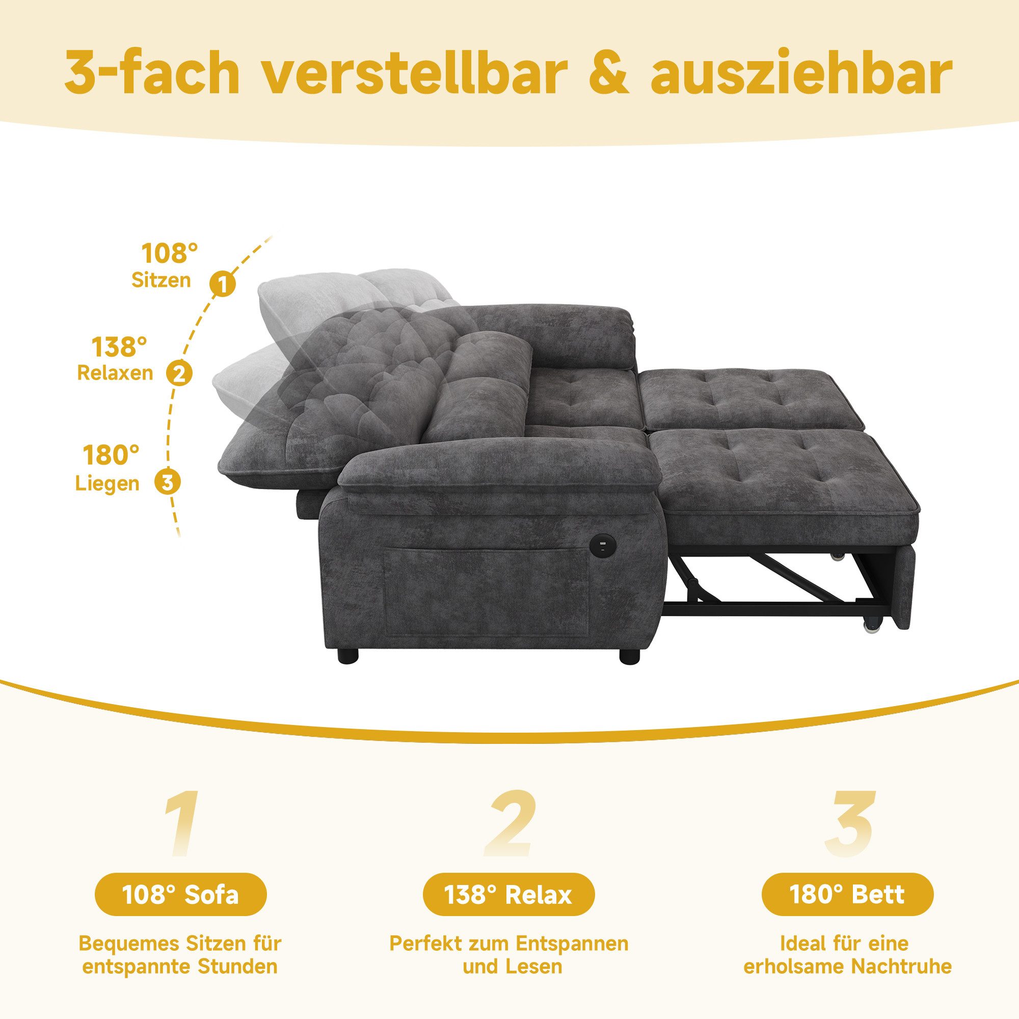 Odikalo 2-Sitzer Schlafsofa mit Schlaffunktion verstellbarer Rückenlehne & USB, faltbares Sofa mit verstellbarer Rückenlehne und Bettfunktion, umwandelbare Schlafcouch mit USB‑Ladeanschluss, Chenille‑Stoff, inkl. 2 Kissen