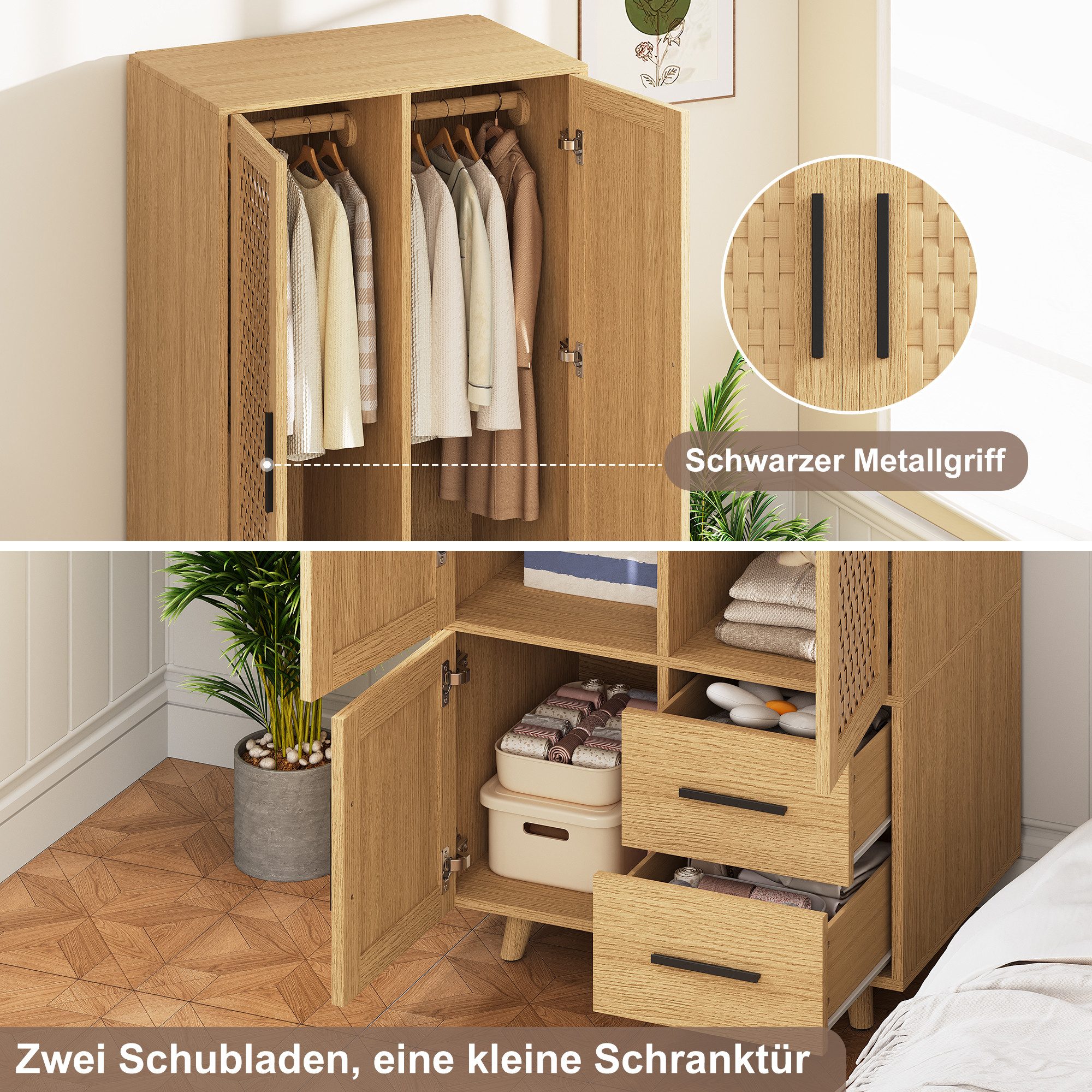 FUROKOY Kleiderschrank Drehtürenschrank mit 3 Schranktüren aus Rattan Garderobenschrank mit 2 Kleiderstangen,2 Schubladen