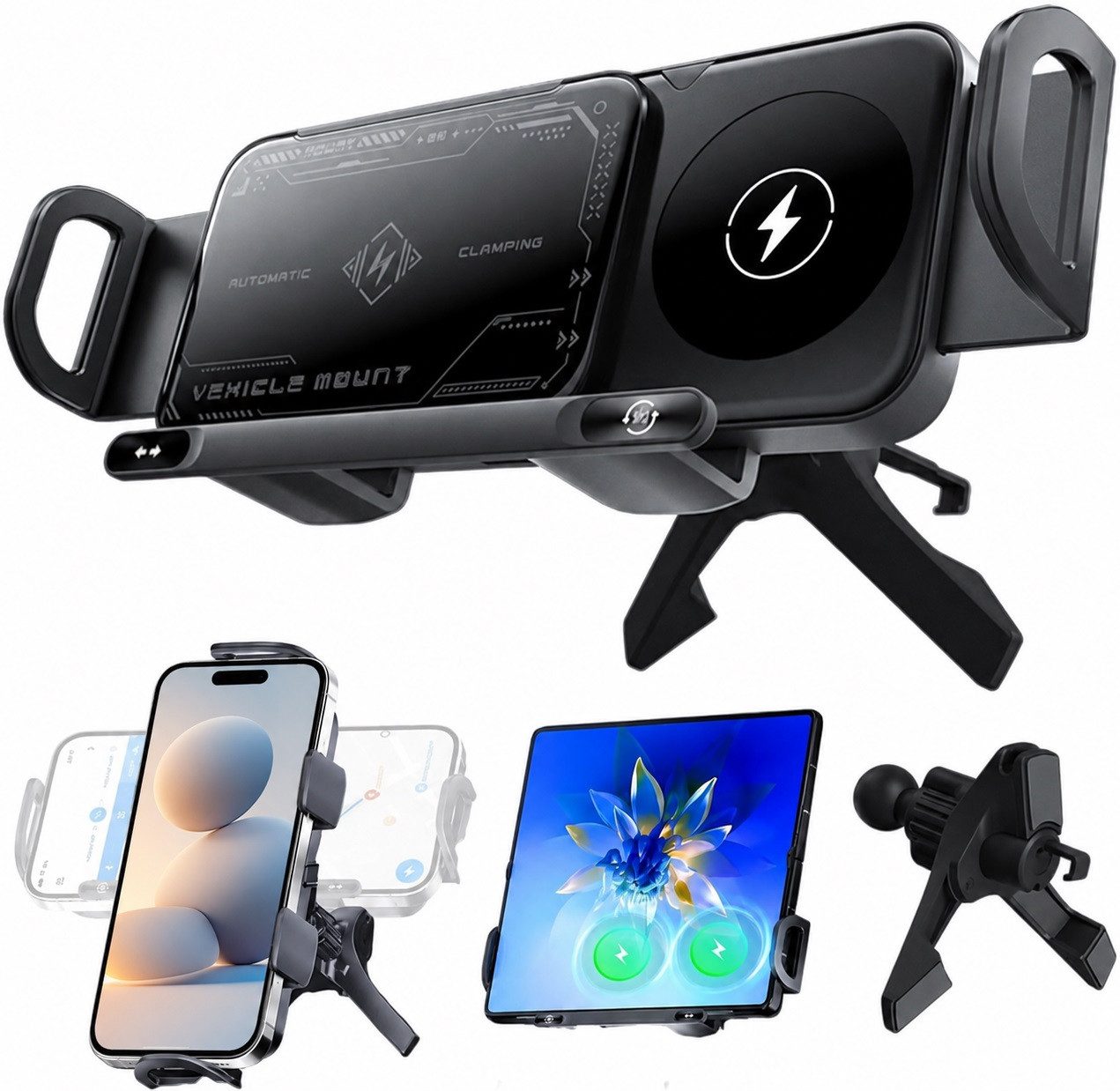 MOPUEA Smartphone-Halterung 2-in-1 Foldable Car Phone Holder & Wireless Charger, Drehbare, (15W Dual Coils Fast Charger Auto,Induktion Doppelspule Kabellose Kfz-Ladegeräte, 1-tlg., High Intelligent Mobile Phone/Pad Holder, Handyhalterung Auto, Drehbare Au