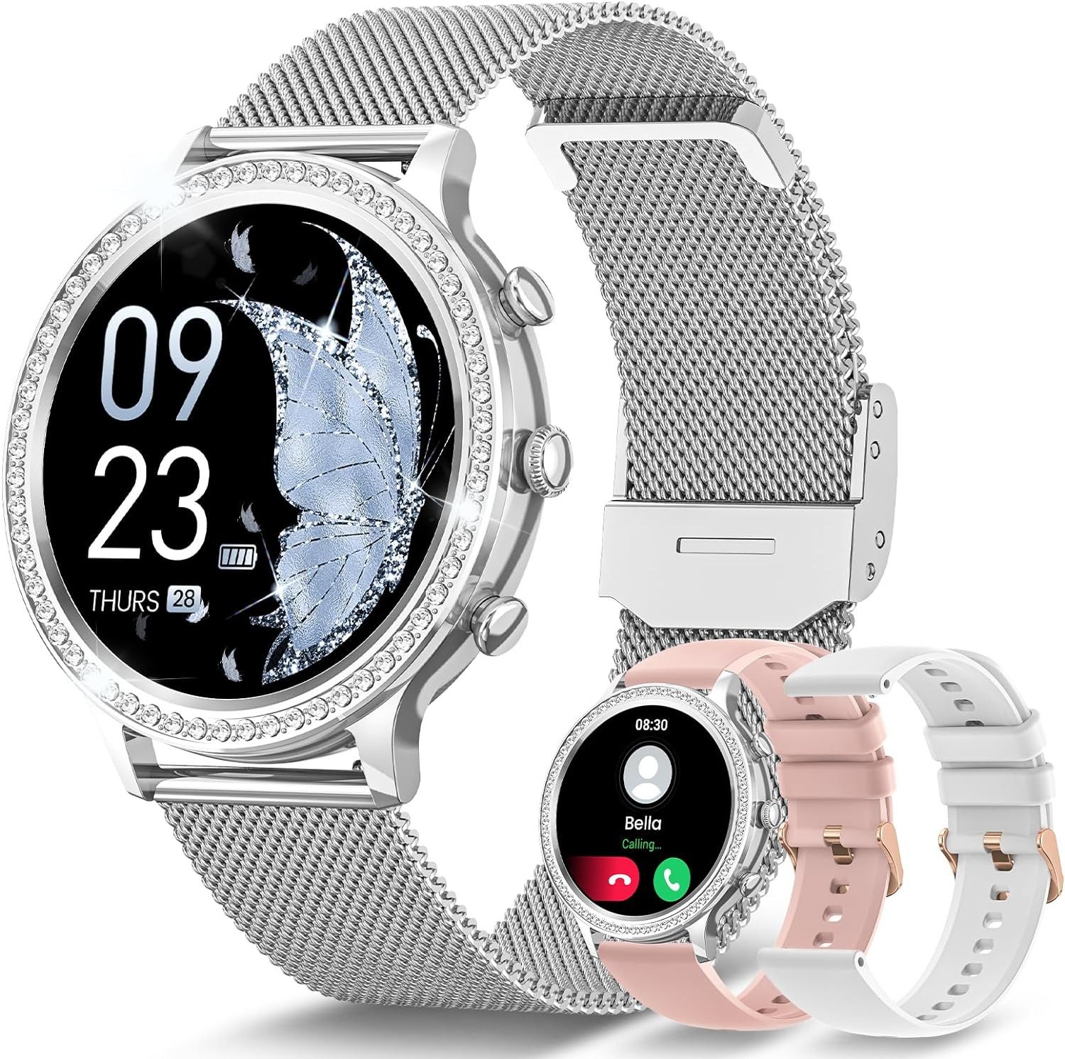 Sanorum Smartwatch Damen mit Telefonfunktion Smartwatch (3.35 cm/1,32 Zoll, HD Voll Touchscreen) Mit Menstruationszyklus, 24/7 Pulsuhr Schlafmonitor SpO2, IP68 Wasserdicht staubdicht Sportuhr für iOS Android