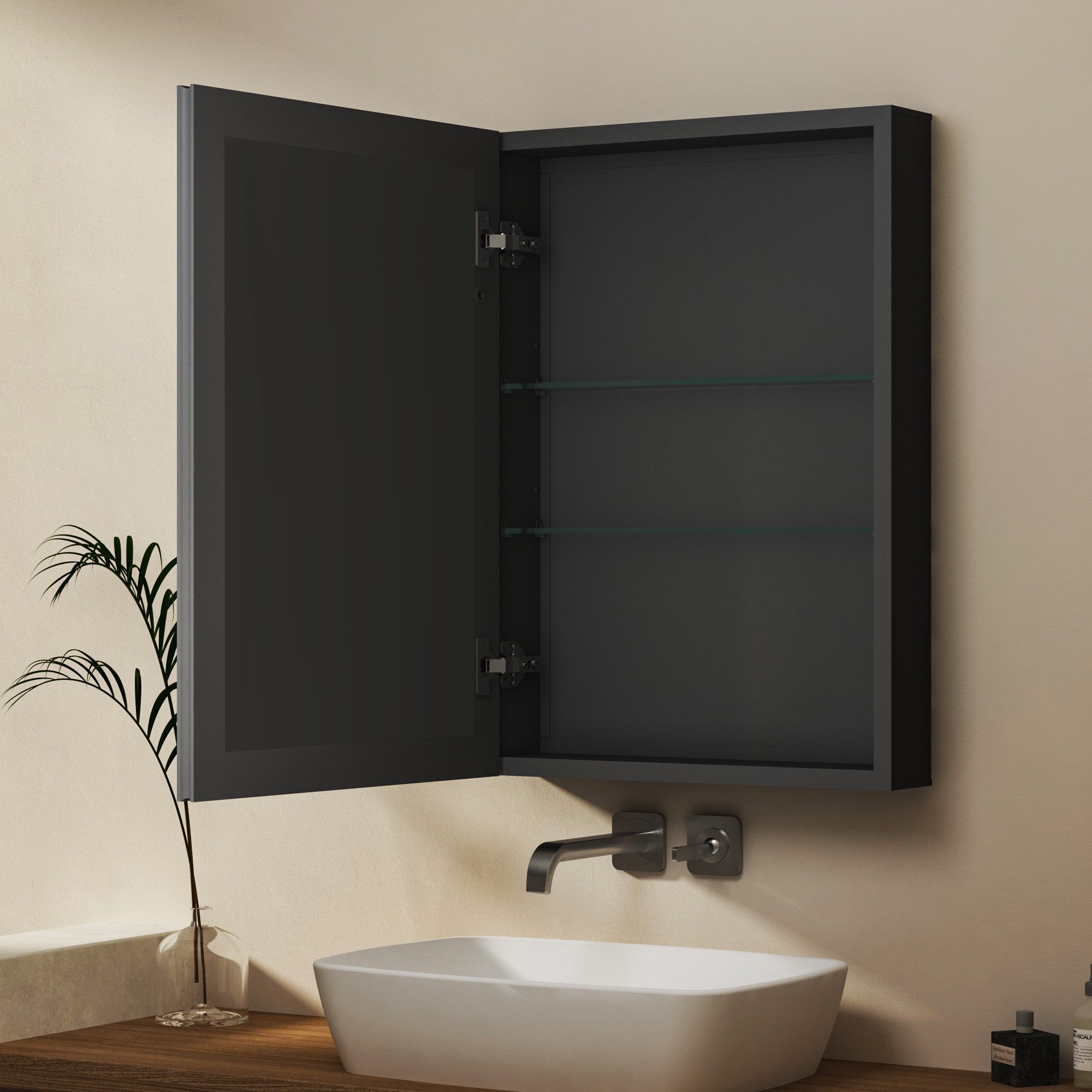 WDWRITTI Spiegelschrank Alu Metall Badezimmerspiegelschrank 1 türig Eckig (Hängeschrank Badschrank Schwarz, 50,8 x 12,5 x 71,1 cm) vormontiert geliefert, Wandbohrungen