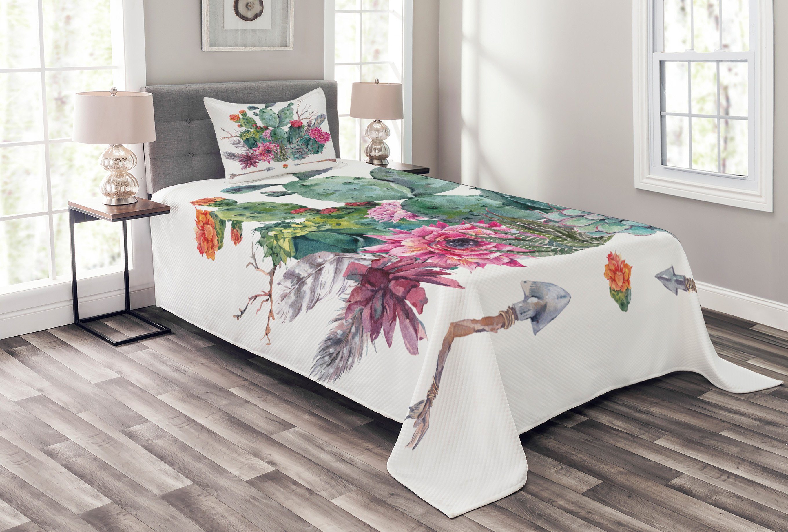 Tagesdecke Set mit Kissenbezügen Waschbar, Abakuhaus, Kaktus Blumenstrauß in Boho Style-Pfeil | Tagesdecken