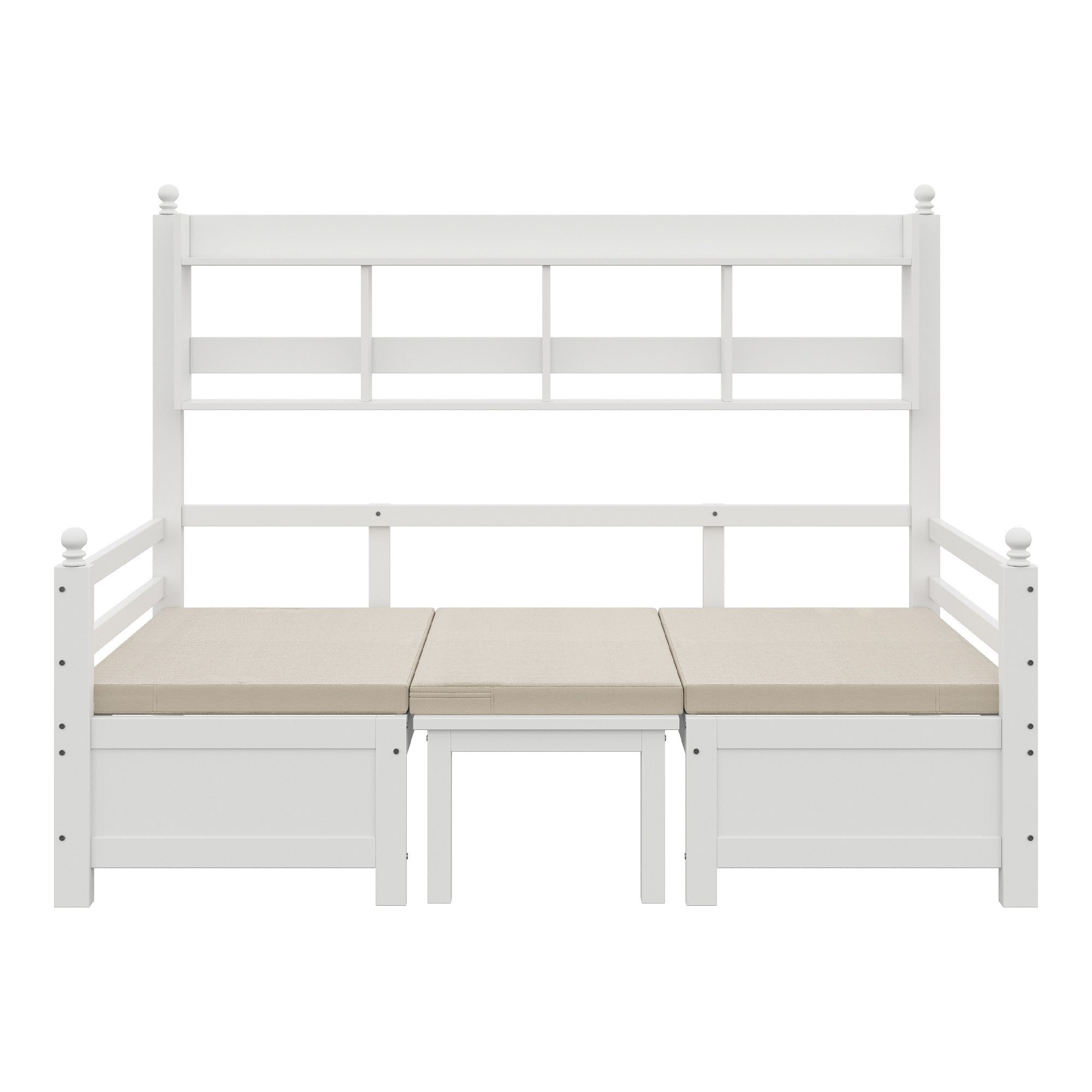 MC Star Schlafsofa Multifunktionales Massivholz200x90 cm, 2-in-1 Bett und Schreibtisch, Frei Umbaubar, Mit Bücherregal Zur Aufbewahrung, Mit Bequemen Kissen, Gästebett Einzelholzbett, Grau