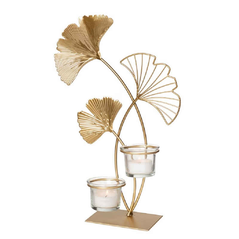 Parts4Living Teelichthalter »Metall Kerzenhalter "Ginkgo" mit 2 Glaseinsätzen Kerzenständer gold 19x8x33,5cm«, im modernen Stil