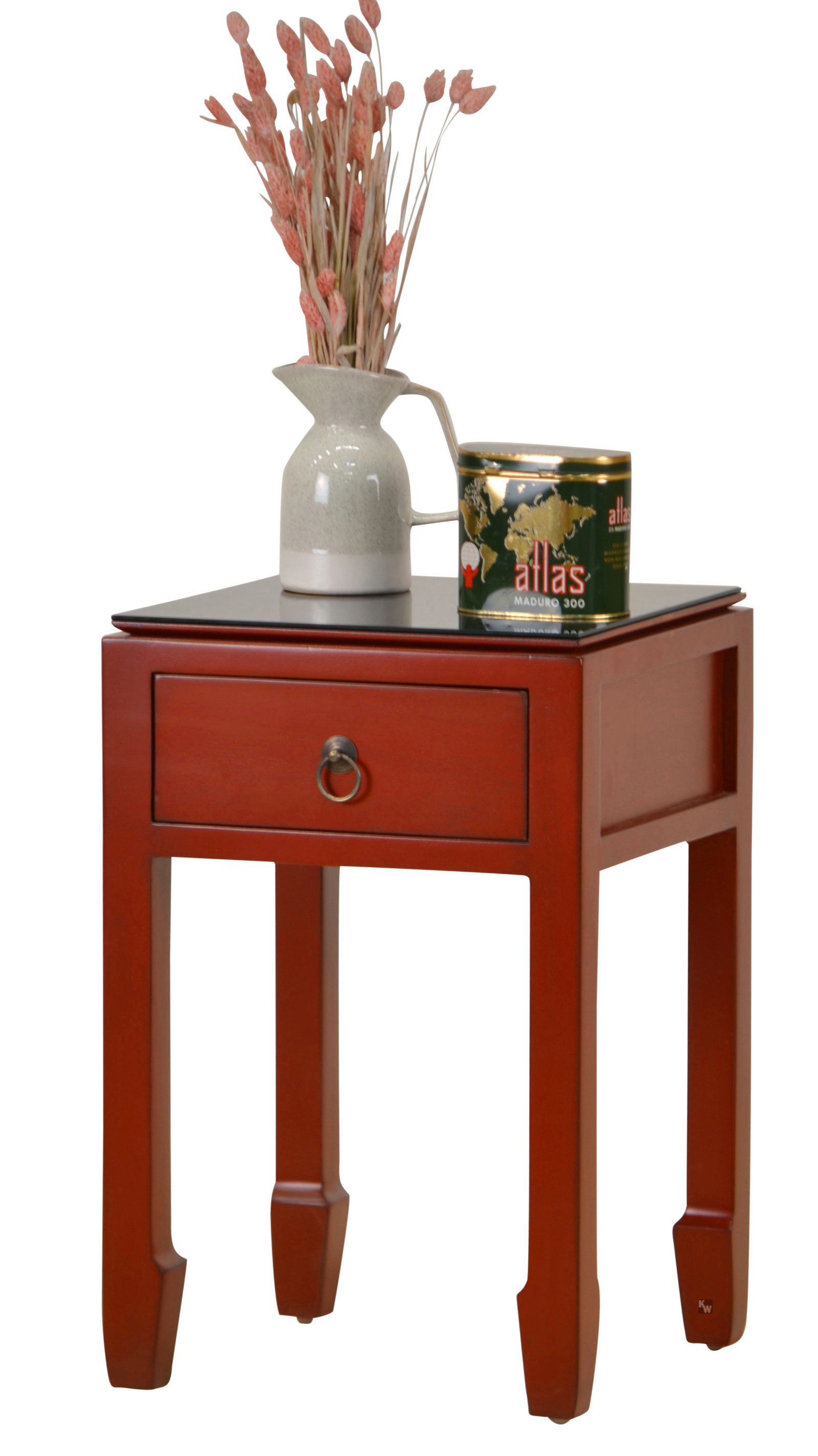 Kai Wiechmann Beistelltisch Asiatischer Beistelltisch Yunnan rot 37x 37 cm Nachttisch, rot lackiert, mit Schublade, Used Look, Massivholz