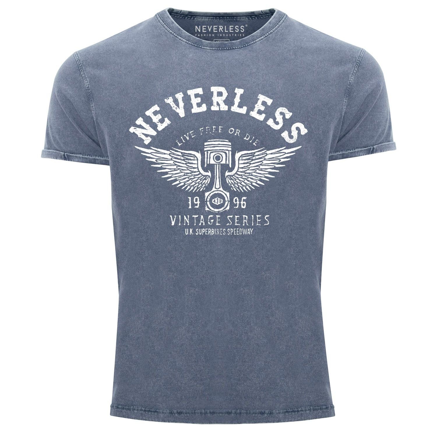 Neverless Print-Shirt Cooles Angesagtes Herren T-Shirt Vintage Shirt Retro Auto Kolben Used Look Slim Fit Neverless® mit Print blau