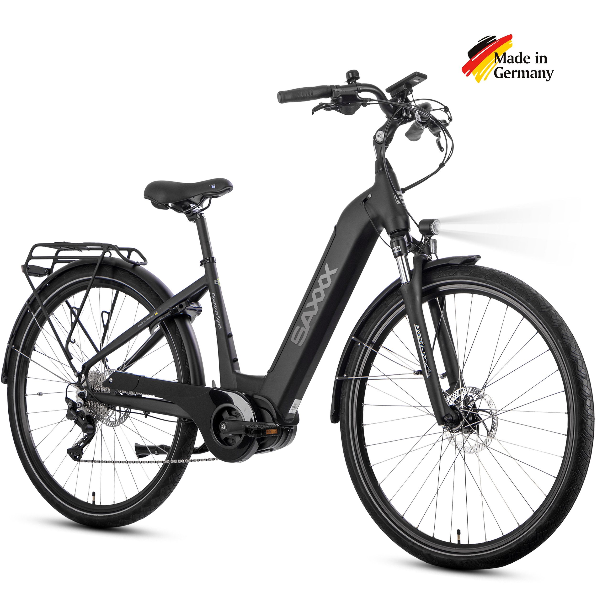 SAXXX E-Bike Trekkingrad Damen u. Herren 28'' SAXXX QSW, 540Wh, 60-100m, hydr. Scheibenbremsen, 10 Gang SHIMANO Deore Schaltwerk, Kettenschaltung, Mittelmotor, 540 Wh, (mit entnehmbarem Akku, mit Akku-Schlüssel, mit Gepäckträger), 25km/h, Pedelec E-Trekkingrad mit Tiefeinstieg, 130kg