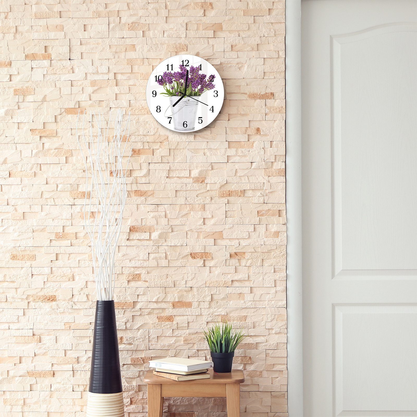 Wanduhr Rund einem Wanduhr Lavendel Primedeco 30 - mit Motiv cm Durchmesser und mit Glas in Quarzuhrwerk Eimer aus