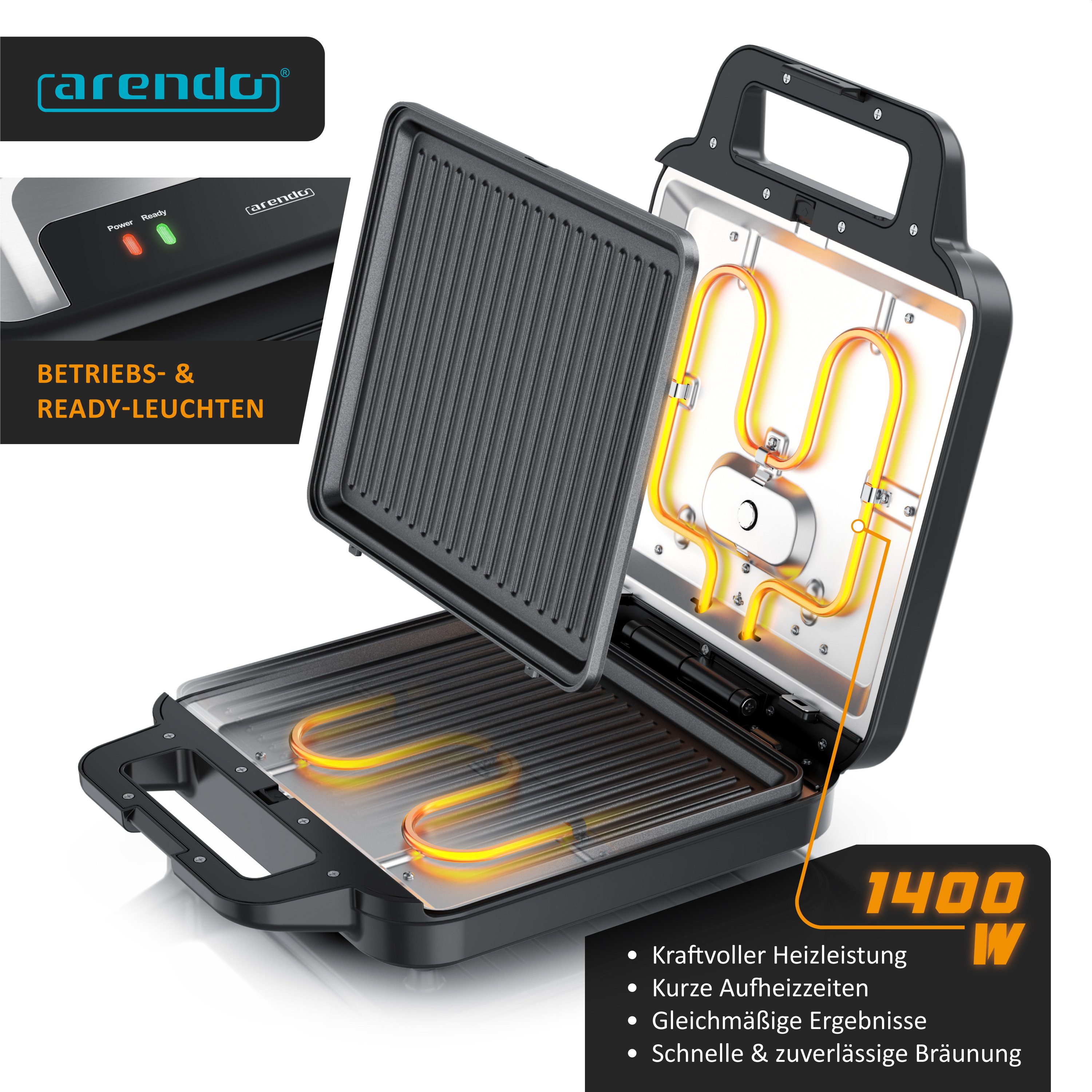 Arendo 3-in-1-Sandwichmaker Waffeleisen & Kontaktgrill, abnehmbare Antihaftbeschichtete Platten, 1400 W, 3-in-1: für Sandwich, Waffel & Grill, Panini, austauschbare Platten