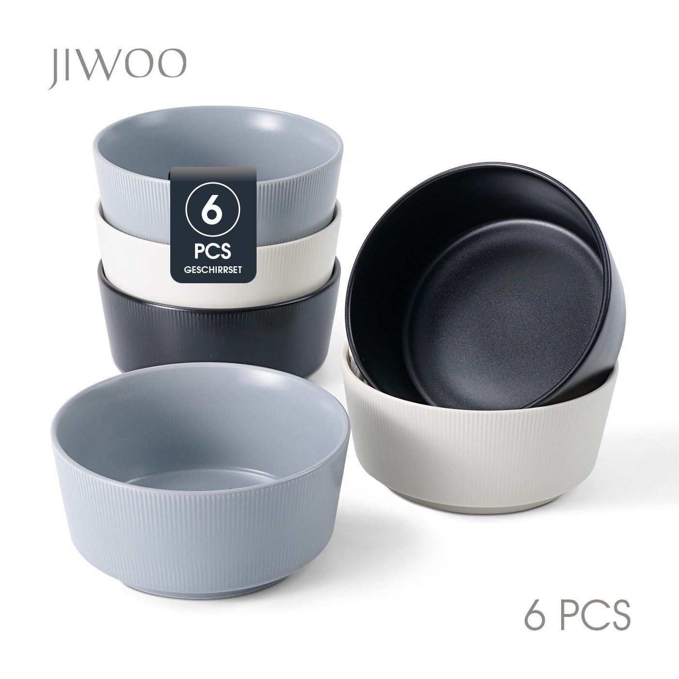 JIWOO Schüssel 4er Ø15.2cm, Müslischüssel Suppenschüssel Salatschüssel Dessertschale, Keramik, (Schüsselset, 6-tlg), Hochwertiges Schüsseln Bunt Mikrowellen spülmaschinenfest Ø15,2cm