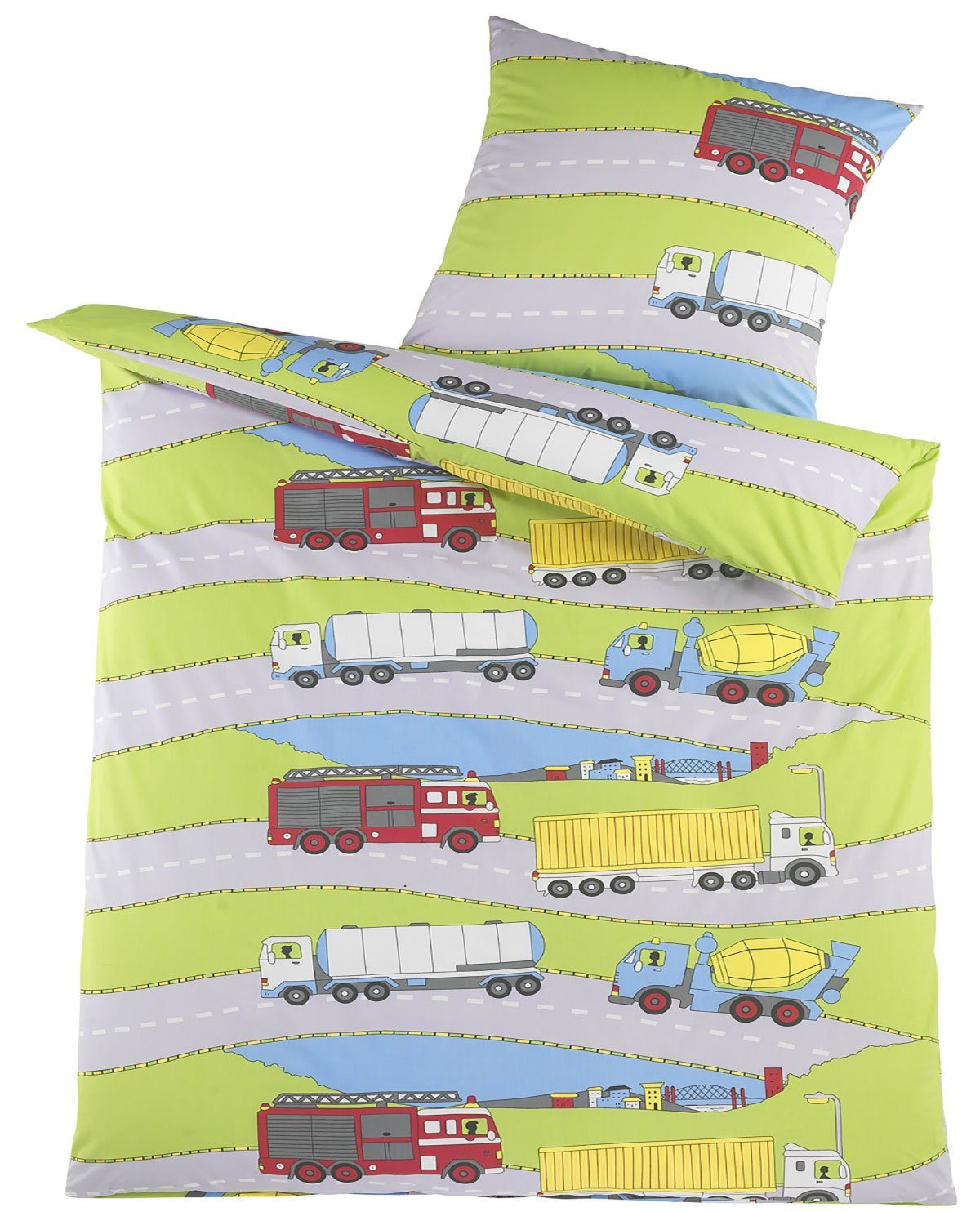 KH-Haushaltshandel Kinderbettwäsche Renforce Bettwäsche 135x200 + 80x80 cm, 100% Baumwolle, Renforce, 2 teilig, Motiv: Trucks/Straßen, quergestreift