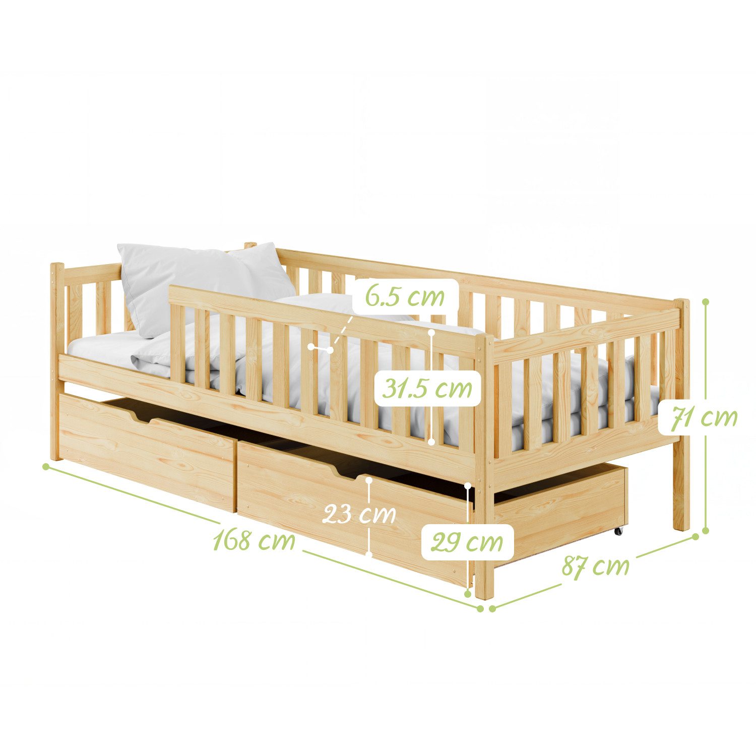 Kids Collective Kinderbett mit Rausfallschutz, Lattenrost und optionaler Matratze, Kinder Bett (mit zwei Schubladen), 80x160 cm: von 3. bis 10. Lebensjahr, natur