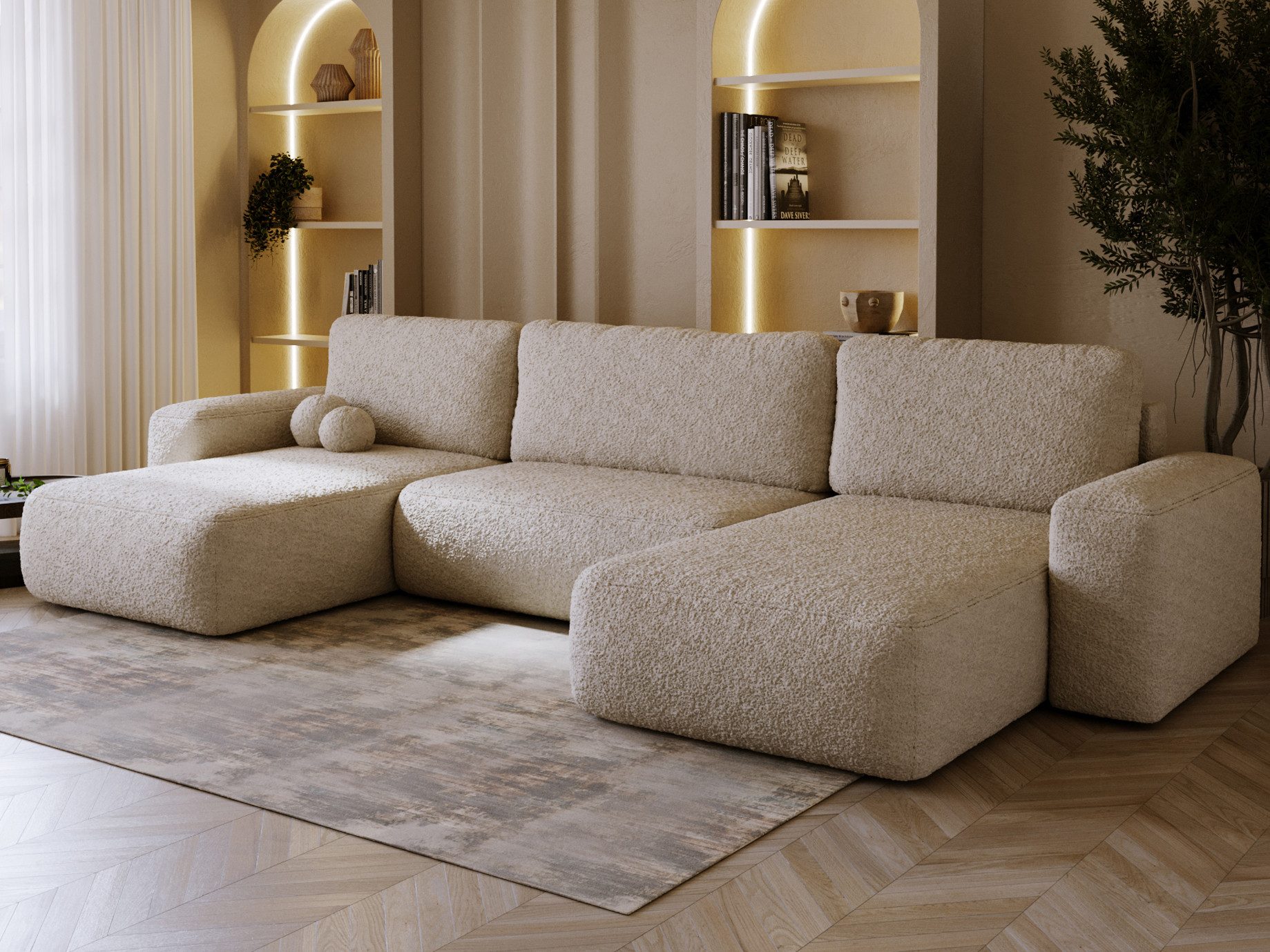 Compleo Ecksofa U-form, Japandi Design, Teddy- Boucle TEDIS, bequem