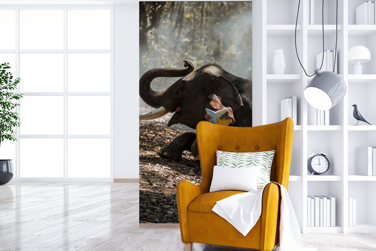 Junge - - Wohnzimmer - bedruckt, MuchoWow Elefant Vliestapete - Wald St), Buch Schlafzimmer (2 Matt, für Fototapete Tiere Fototapete Natur, - Küche,