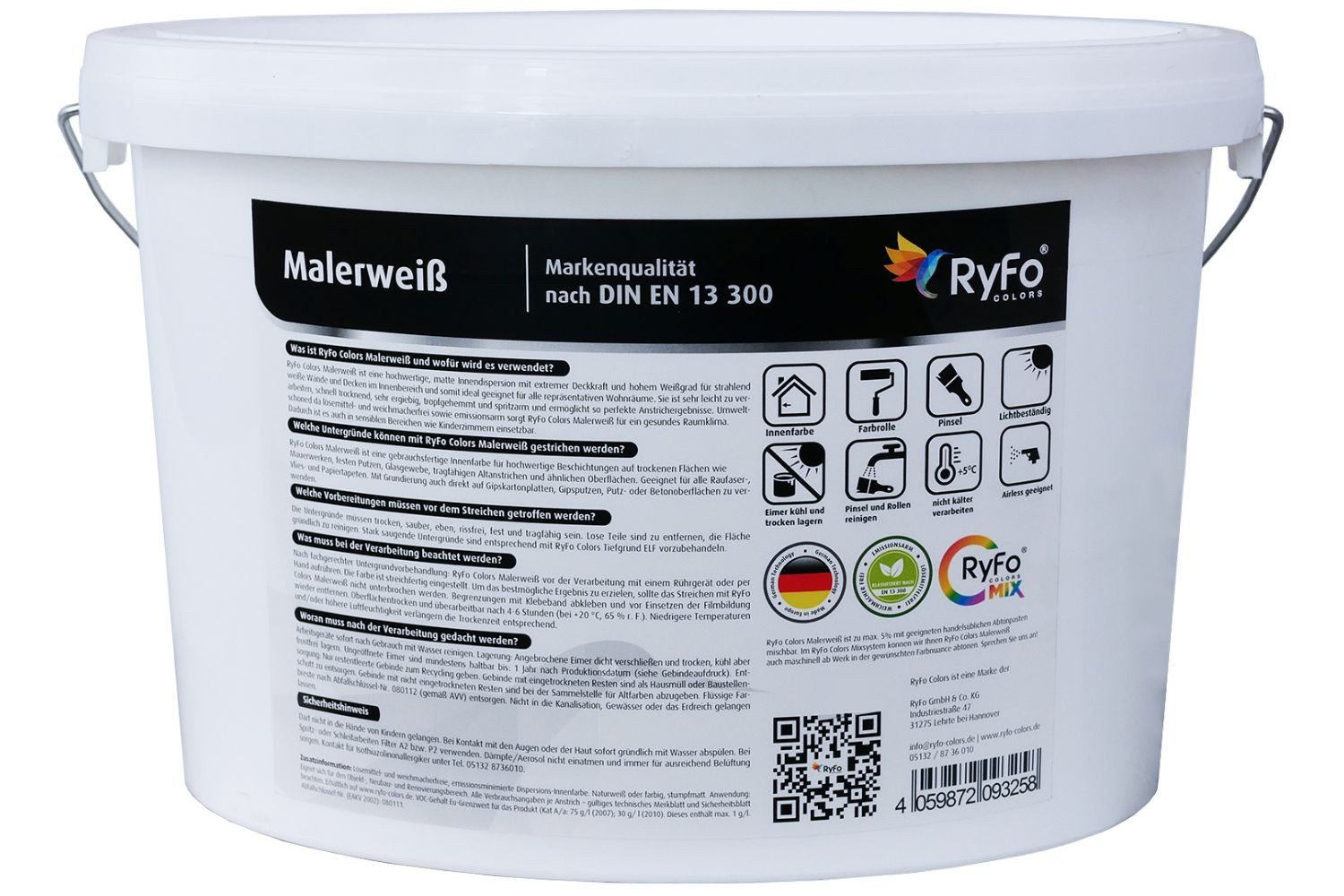 RyFo Colors Wand- und Deckenfarbe RyFo Colors Malerweiß 10l, 1 L ca. 6 m², Deckkraft 1, matt, atmungsaktiv, für Innenräume