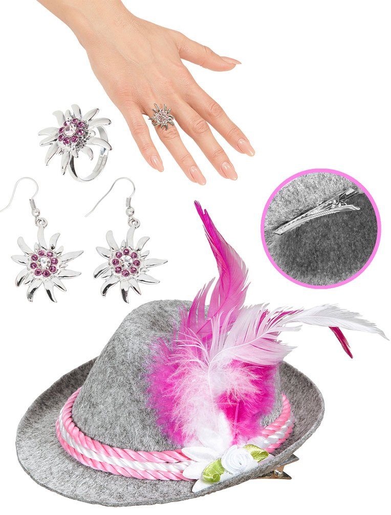 Karneval-Klamotten Kostüm Bayernhut Mini Oktoberfest rosa grau Set silber, Accessoires für Oktoberfest