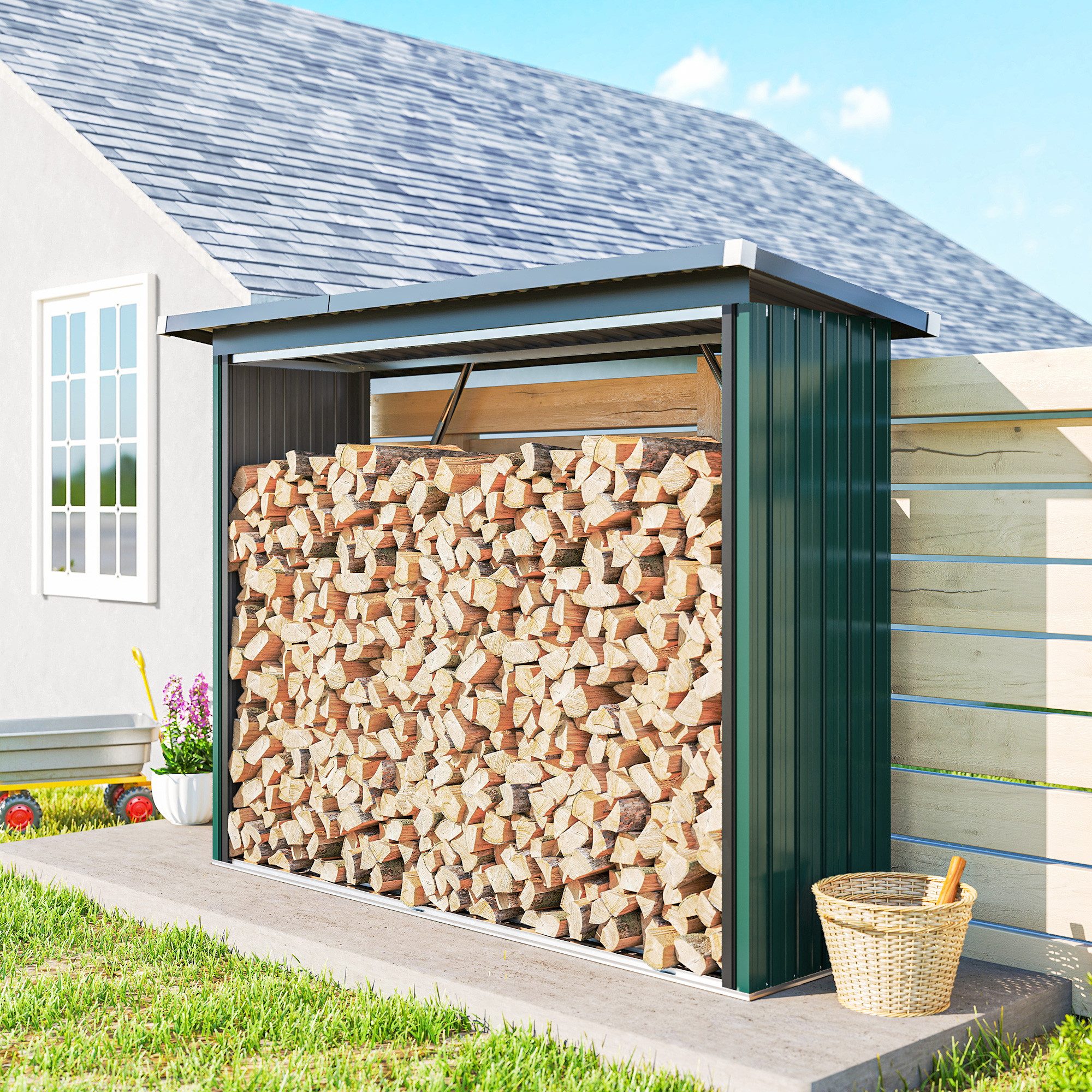 Outsunny Kaminholzregal-Erweiterung Brennholzregal mit Pultdach Schnelle Montage Holzlager, BxTxH:213x66.5x150 cm, (Brennholzunterstand, 1-St., Kaminholzunterstand), für Kaminholz Grün