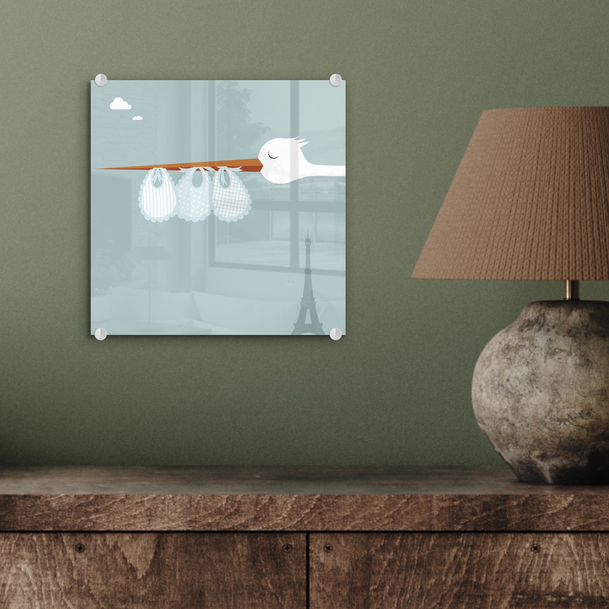 MuchoWow Acrylglasbild Illustration eines - Glas - Bilder Lätzchen, auf auf Storchs Glas (1 Wandbild Glasbilder - Foto St), mit Wanddekoration