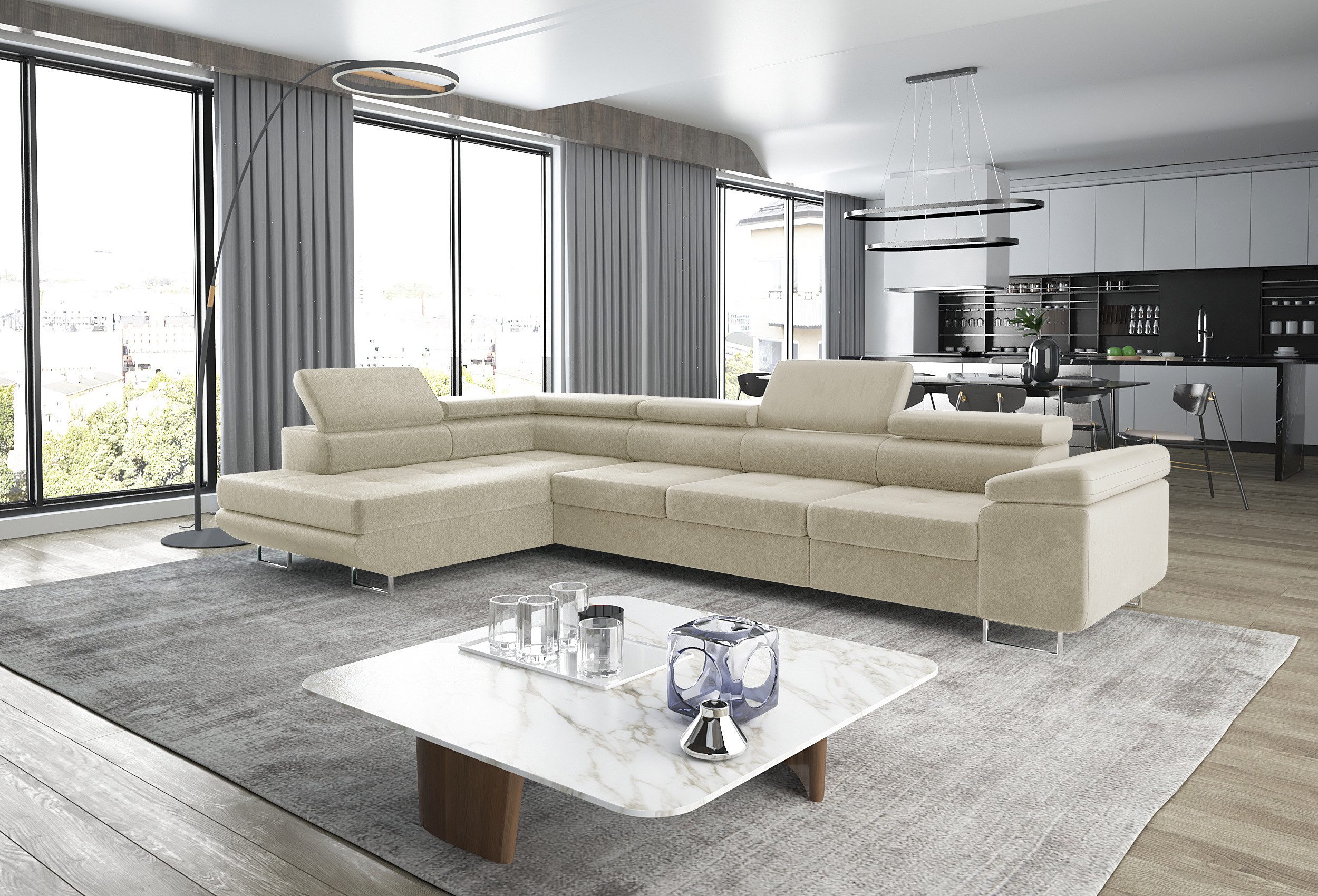 thematys Ecksofa ASTON LONG 355 x 204cm mit Schlaffunktion & Bettkasten – L-Sofa, mit 4 verstellbaren Kopfstützen, Cord (Poso) oder Samt (Monolith), - XXL Wohnlandschaft im modernen Design