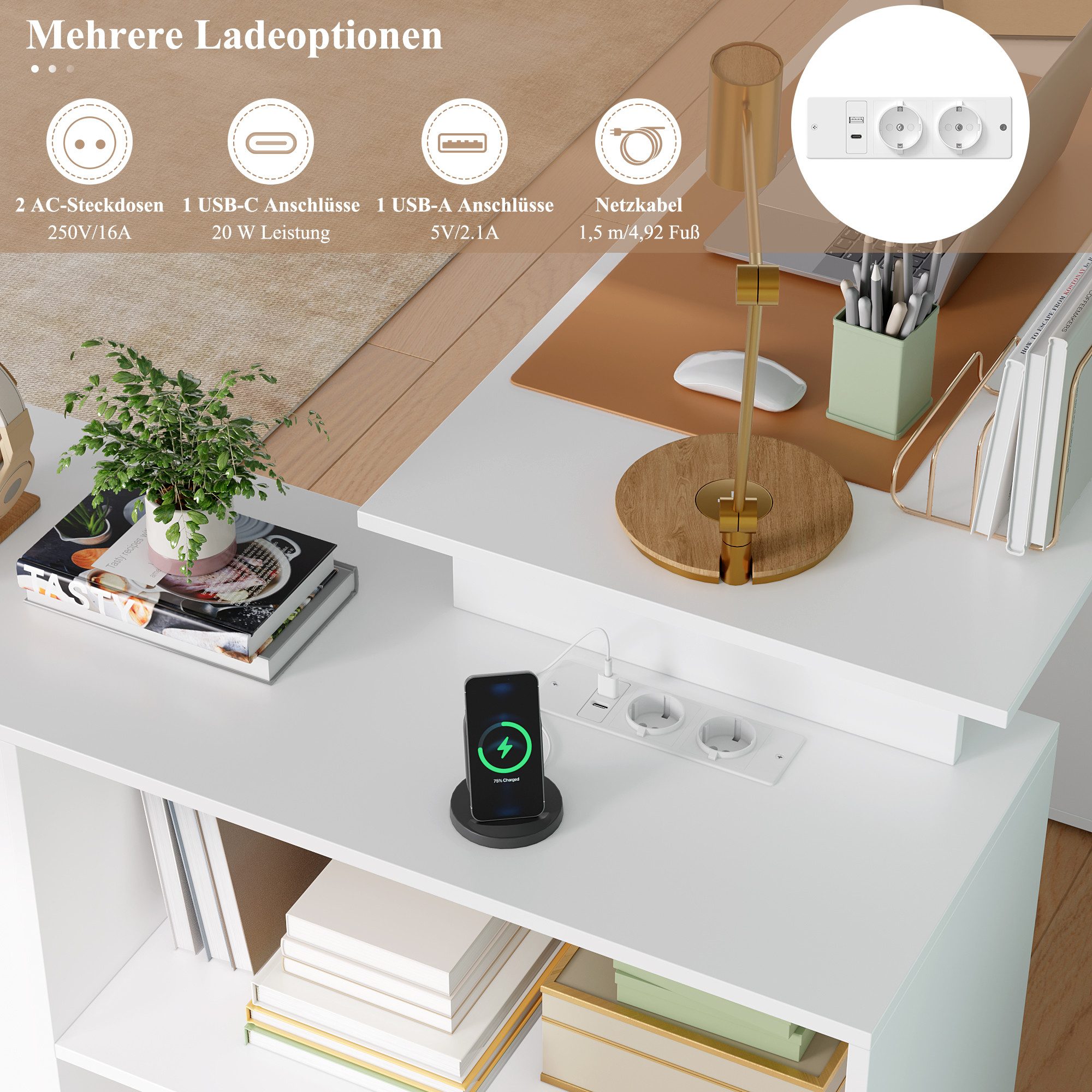 Homfa Schreibtisch mit Steckdose L-förmiger Computertisch, Eckschreibtisch mit Schubladen, mit Stauraum, Verstellbare Regale, 129x104 cm, Weiß