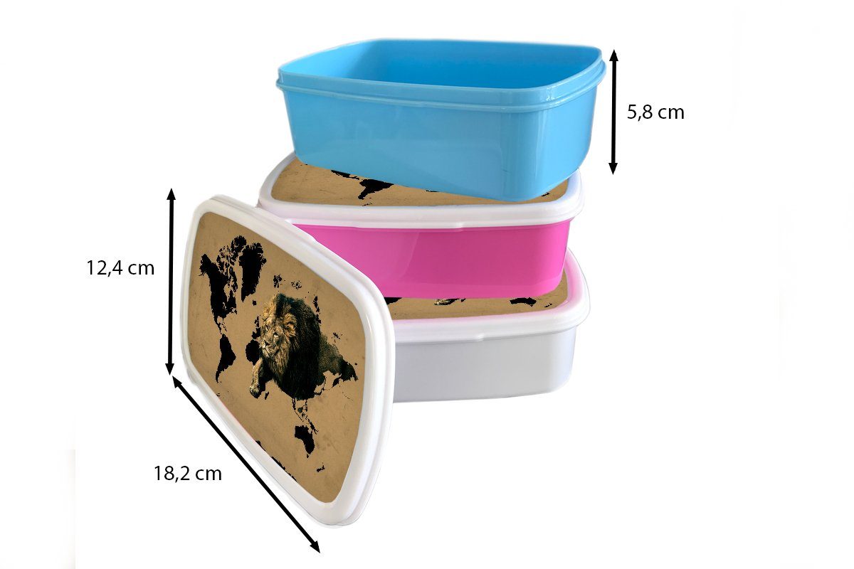 Lunchbox Löwe, Brotdose Kunststoff, - rosa (2-tlg), Erwachsene, Brotbox - Kunststoff Mädchen, Braun MuchoWow für Kinder, Weltkarte Snackbox,
