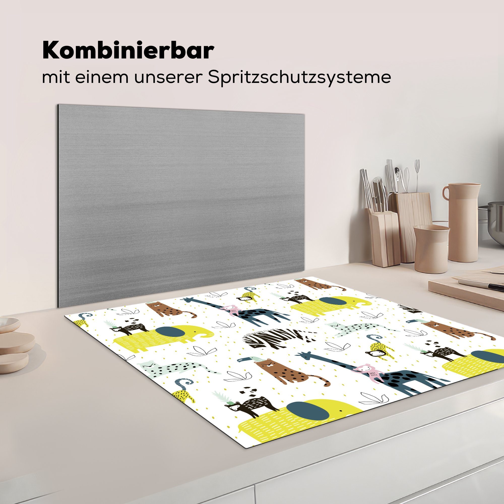 cm, - 78x78 Arbeitsplatte Affe, MuchoWow küche Dschungel (1 - Giraffe Herdblende-/Abdeckplatte tlg), für Ceranfeldabdeckung, Vinyl,