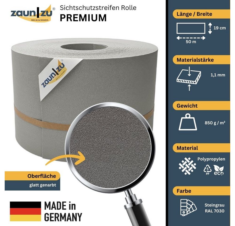 Thumbnail - zaunzu Sichtschutzstreifen Premium für Doppelstabmatten Zaunblende Steingrau, 50m, (1 Rolle, genarbte Oberfläche), 5 Jah...