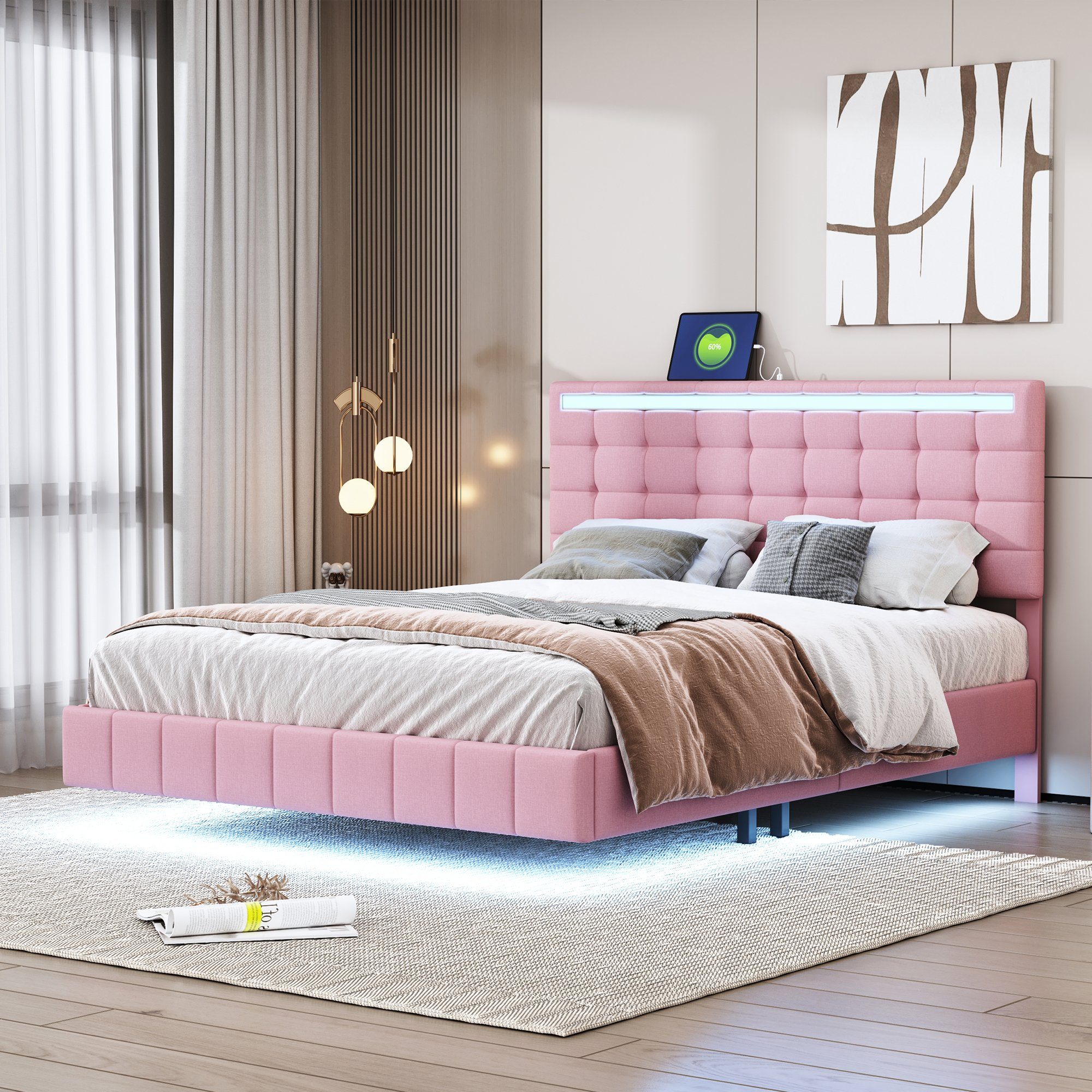 Polsterbett (LED Doppelbett), mit USB Ladefunktion und höhenverstellbarem Kopfteil 140x200cm, Leinen