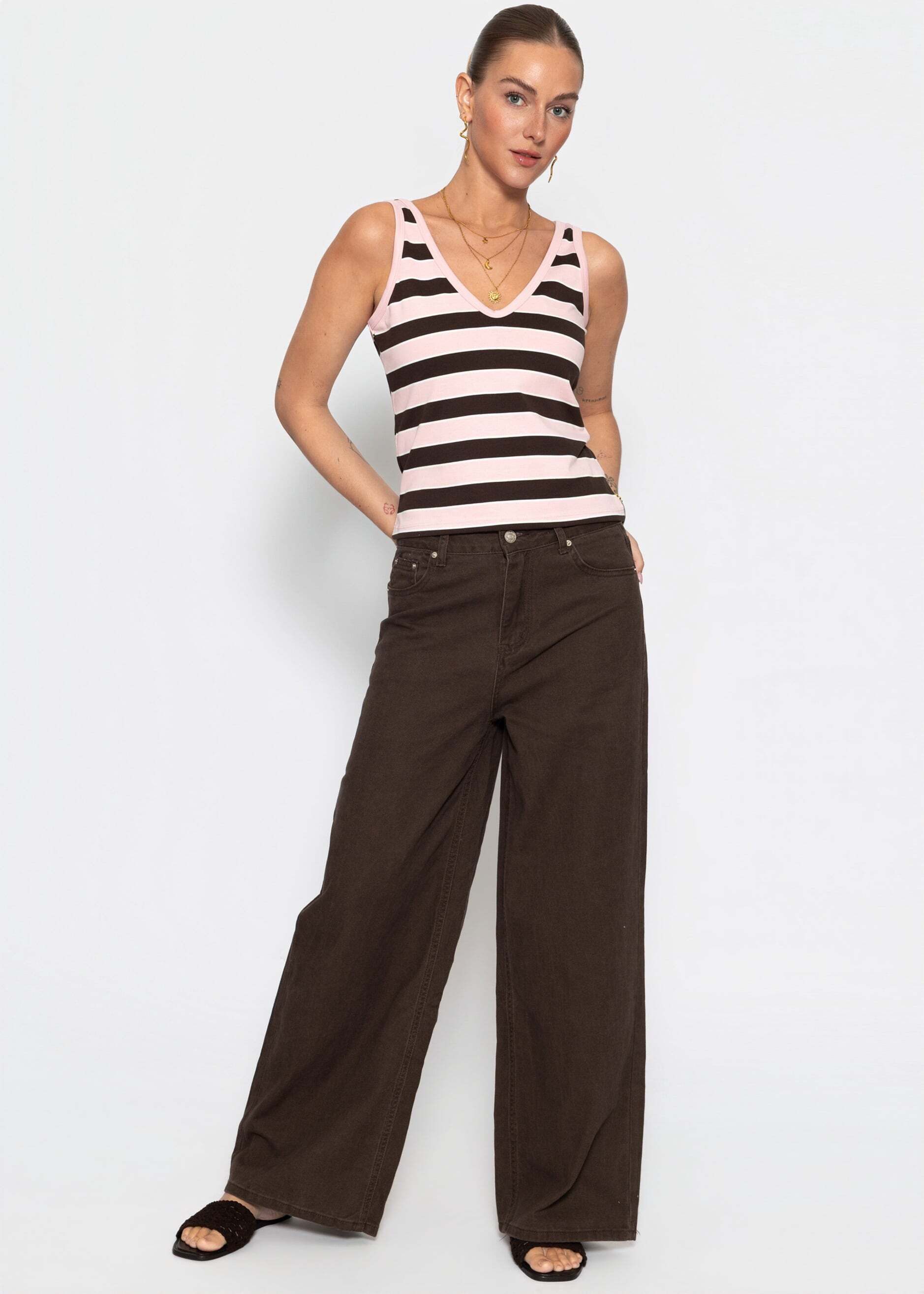 SASSYCLASSY Tanktop Gestreiftes Tank Top mit V-Ausschnitt Damen Ärmelloses Top aus Baumwoll/Viskose in schmaler Passform – Bild 4 von 5