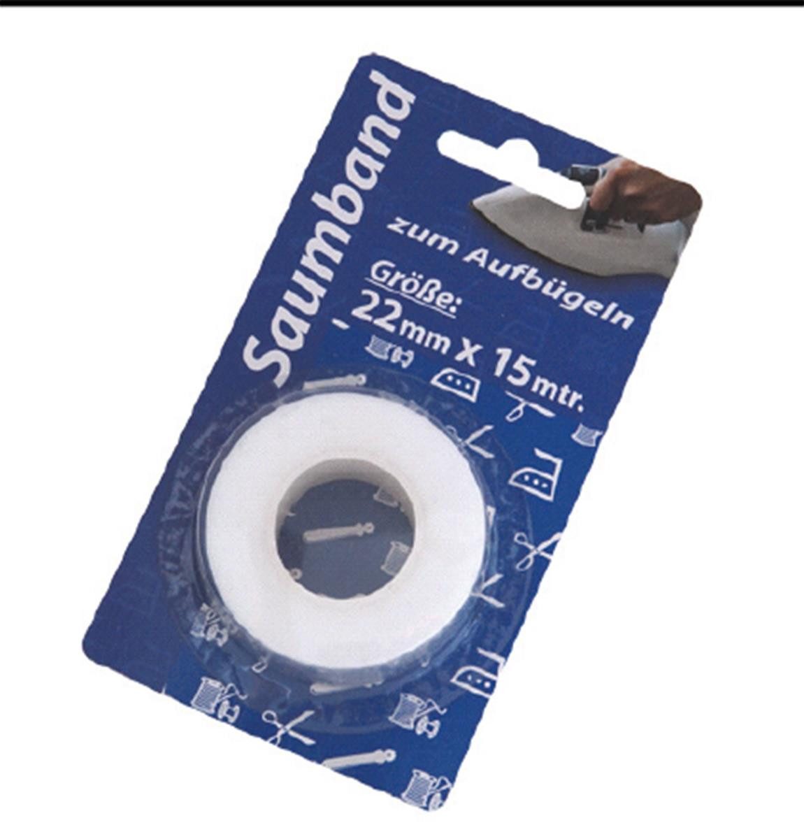 Versteifungsband Saumband zum Aufbügeln, 15 Meter, Weiß, Zum Aufbügeln von Stoffsäumen geeignet., (Rolle, 1-St., Saumband), Saumband Bügelband Textilklebeband Nähzubehör