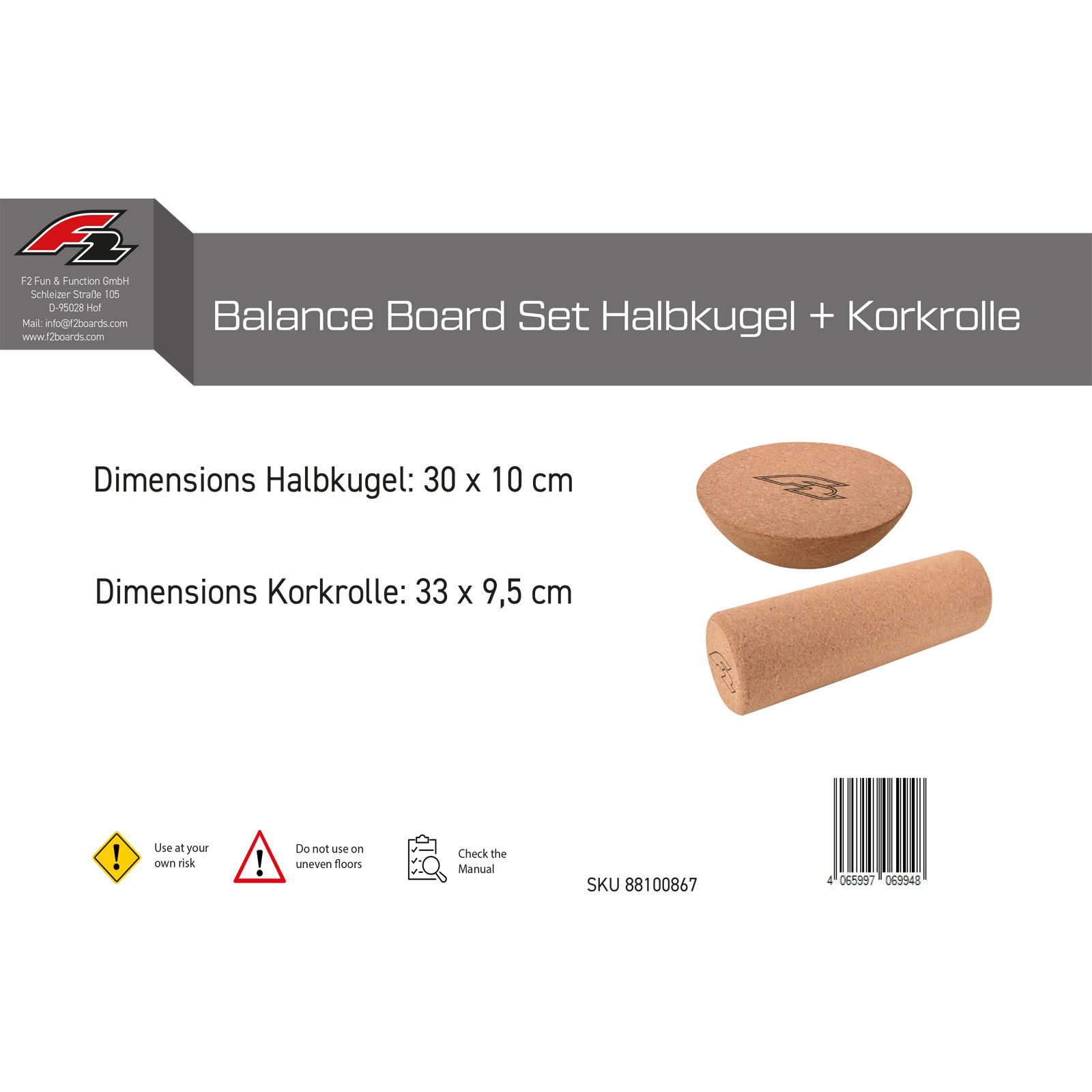 F2 Balanceboard F2 Set Balance Board Halbkugel 30x10cm + Korkrolle 33x9,5cm