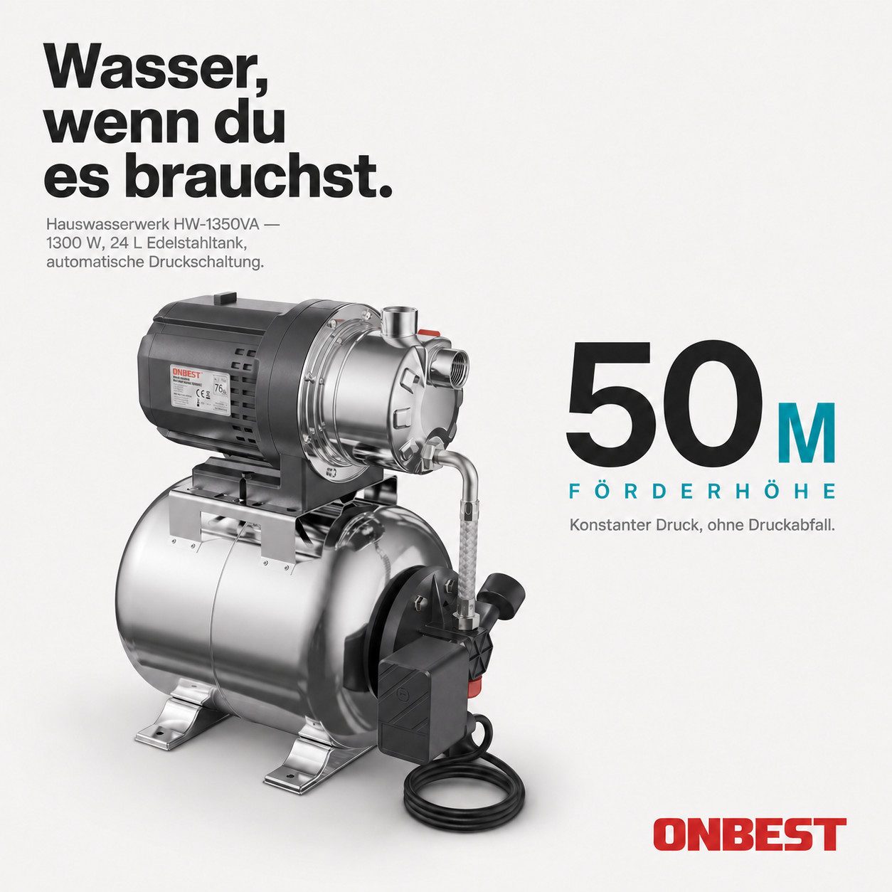 Onbest Hauswasserwerk HW-1350VA Premium aus Edelstahl, Manometer, 1300W, 24 Liter, 230V, 50m Förderhöhe