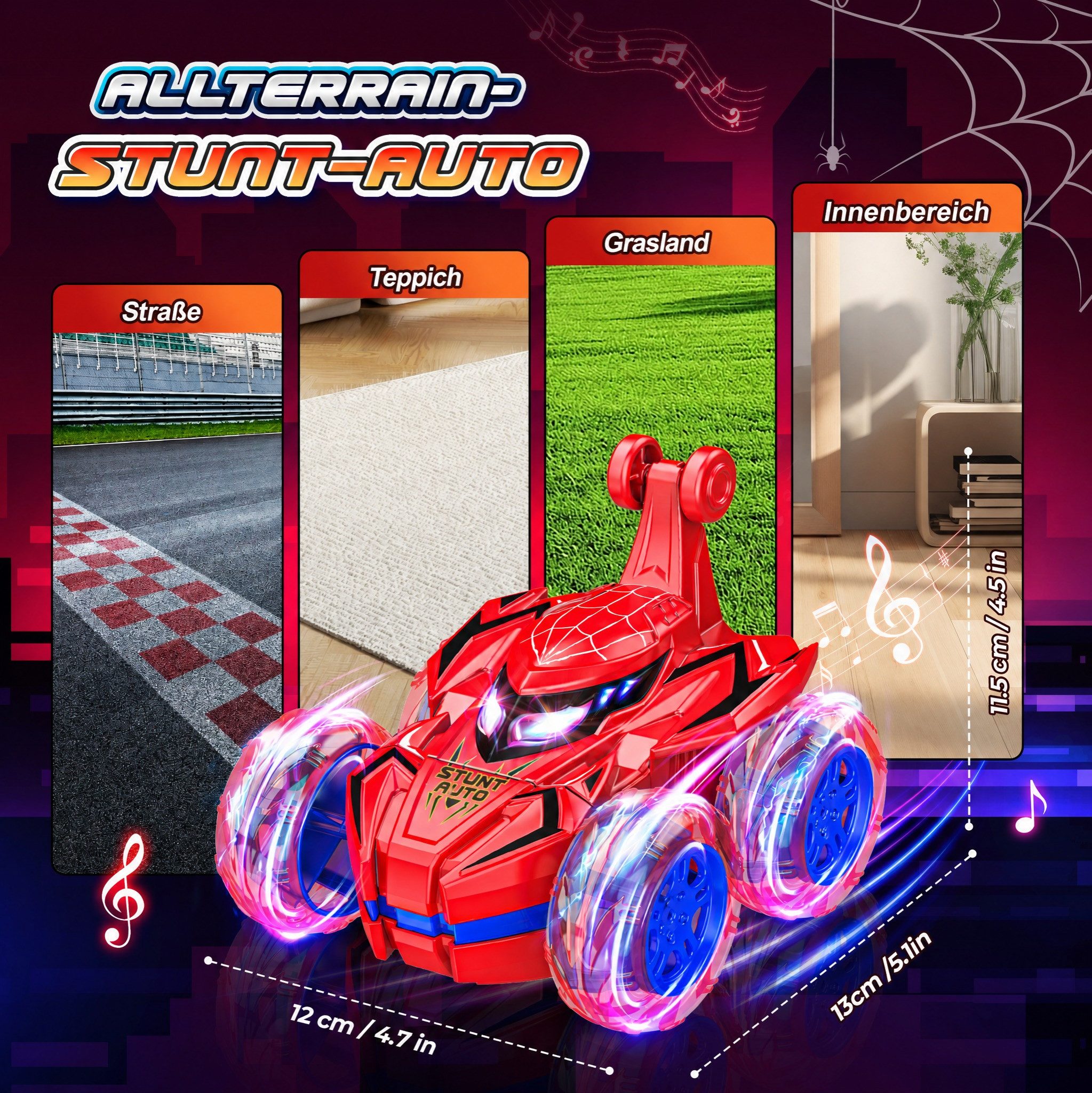 Wootoy RC-Auto Ferngesteuertes Auto Kinder RC Monstertruck Spider Offroad RC Auto (mit 360°-Stunts 90°-Fahrmodus sowie Vorwärts- und Rückwärtsfahrt, 1-tlg., LED-beleuchtete Räder Robuste Konstruktion für Innen- und Außenbereich), USB-Direktaufladung mit Akku für bis zu ca. 40 Minuten Fahrzeit
