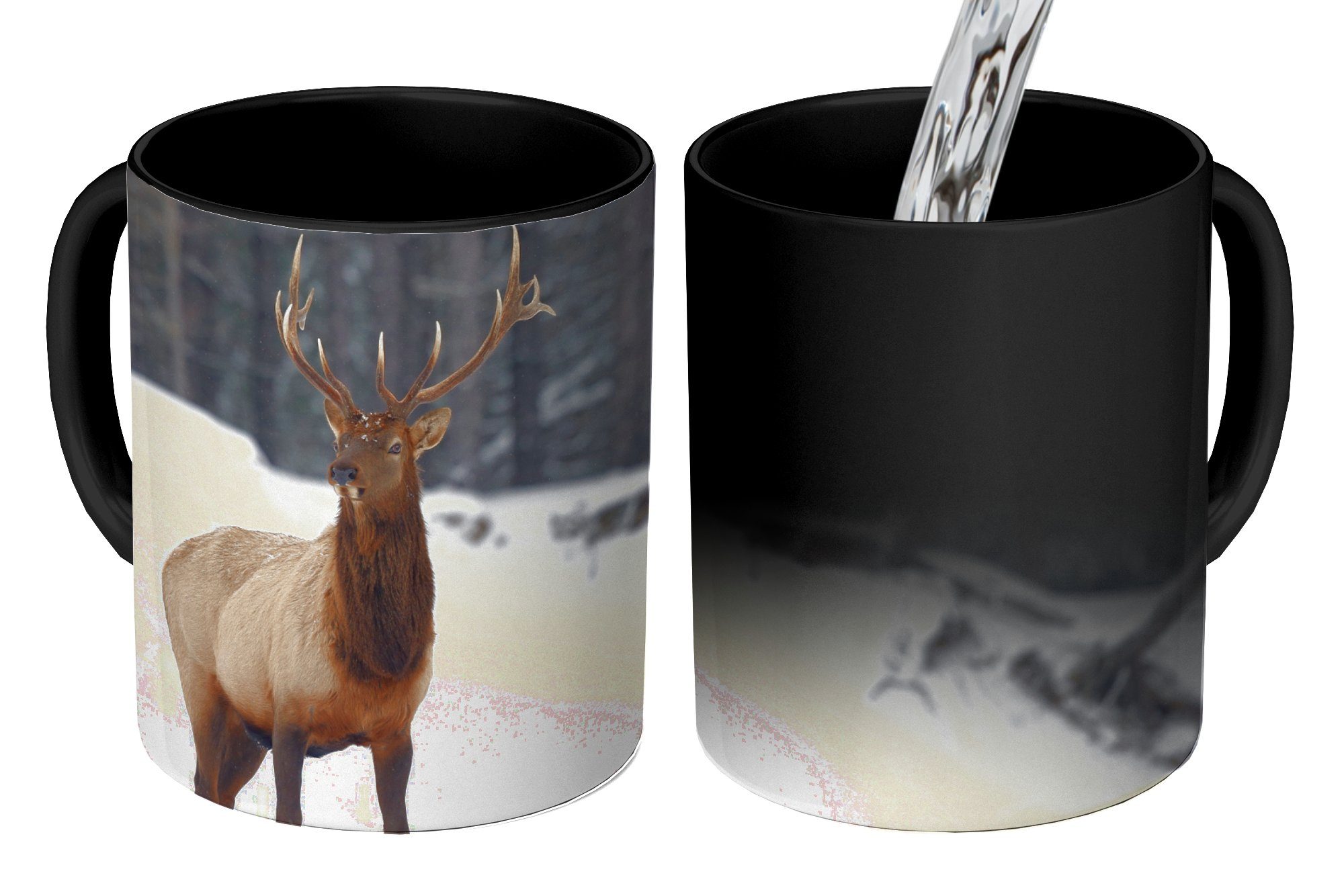MuchoWow Keramik, - Rotwild Geschenk Tasse Farbwechsel, Winter, Schnee Zaubertasse, - Teetasse, Kaffeetassen,