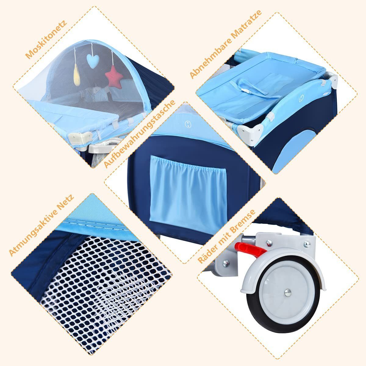 COSTWAY Baby-Reisebett 4 in 1 Kinderbett, klappbar, mit Matratze & 2 Rollen