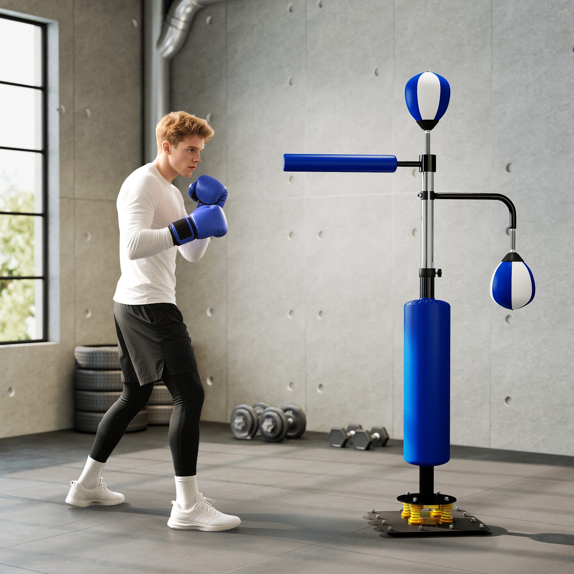 SPORTNOW Standboxsack Aufblasbarer Speed Ball mit Pumpe, Saugfuß, 2 Reflexsbälle (Punchingball Set, 1-tlg., freistehend Boxsack), Höhenverstellbar, Schwarz+Blau