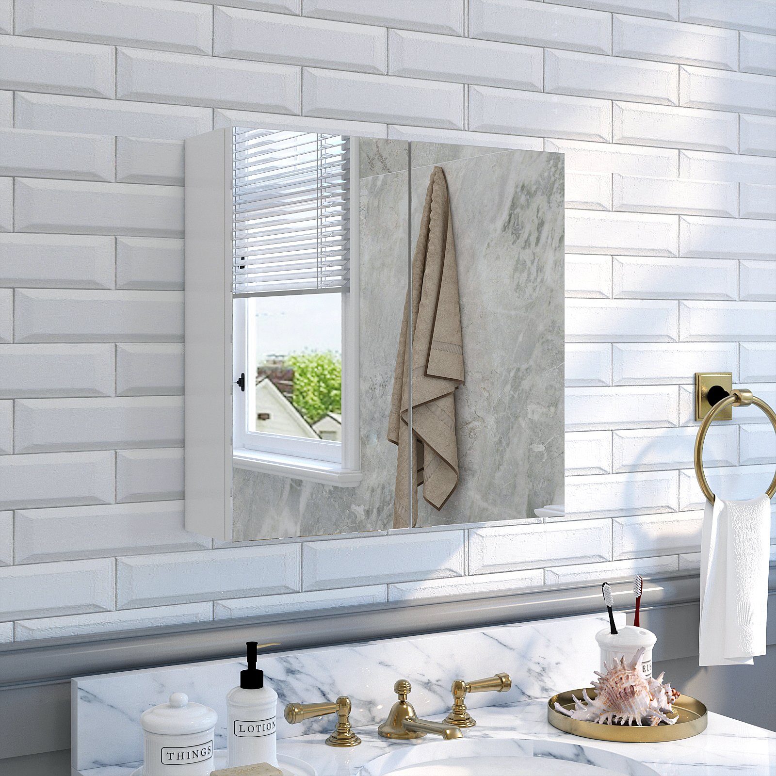 Hängeschrank, Badezimmerspiegel 2 12.9 Türen mit Wandschrank, Mondeer 45 45 x x Badezimmerspiegelschrank cm, Weiß
