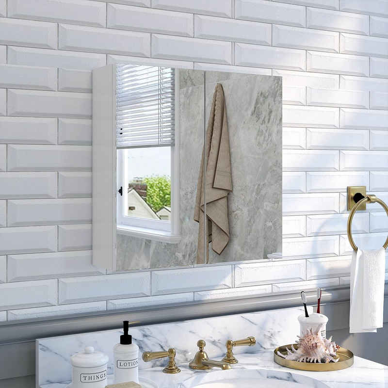 Mondeer Badezimmerspiegelschrank Badezimmerspiegel Hängeschrank, Wandschrank, mit 2 Türen 45 x 12.9 x 45 cm, Weiß
