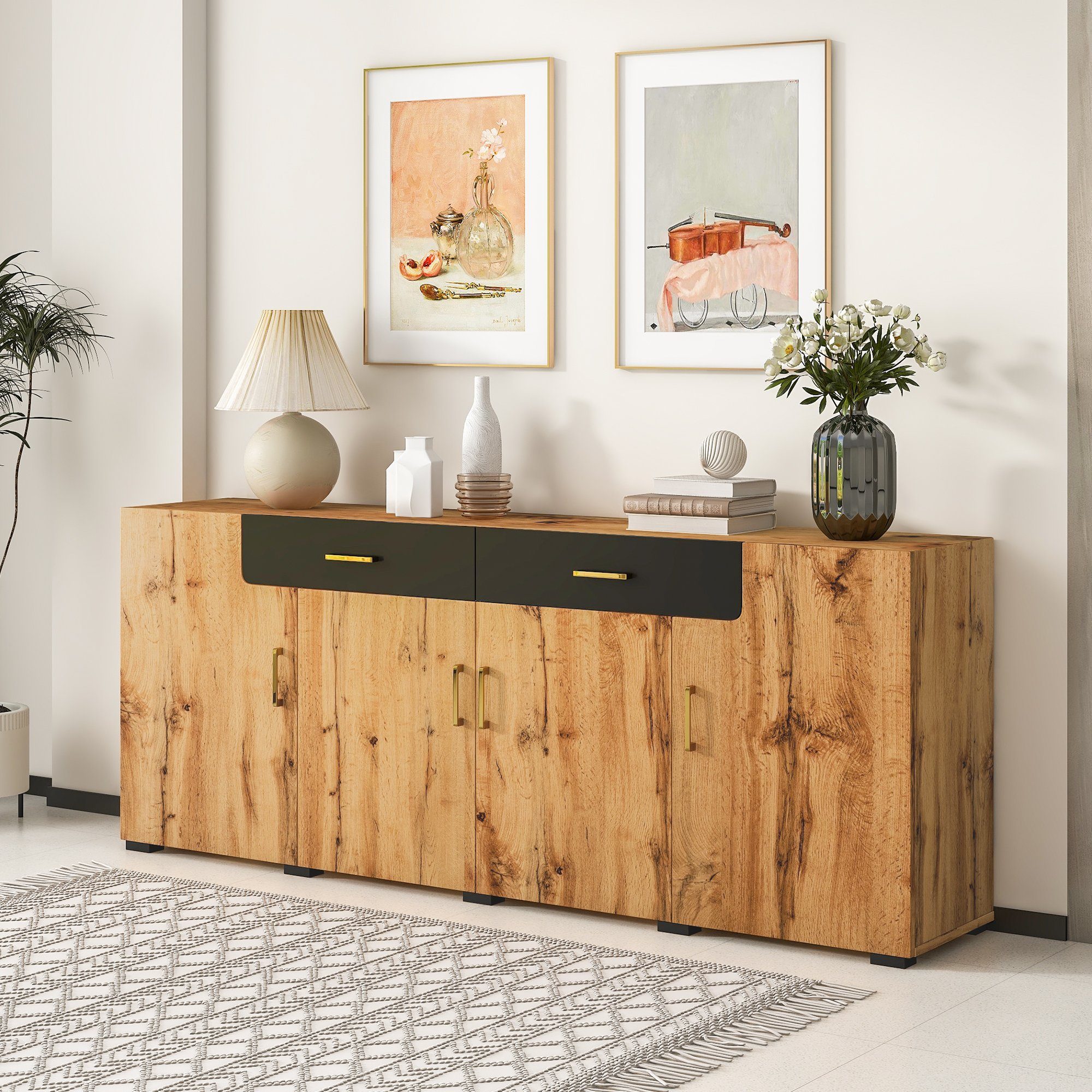 Merax Sideboard, Holz, Kommode in Eiche, Highboard, Anrichte, Breite: 208cm