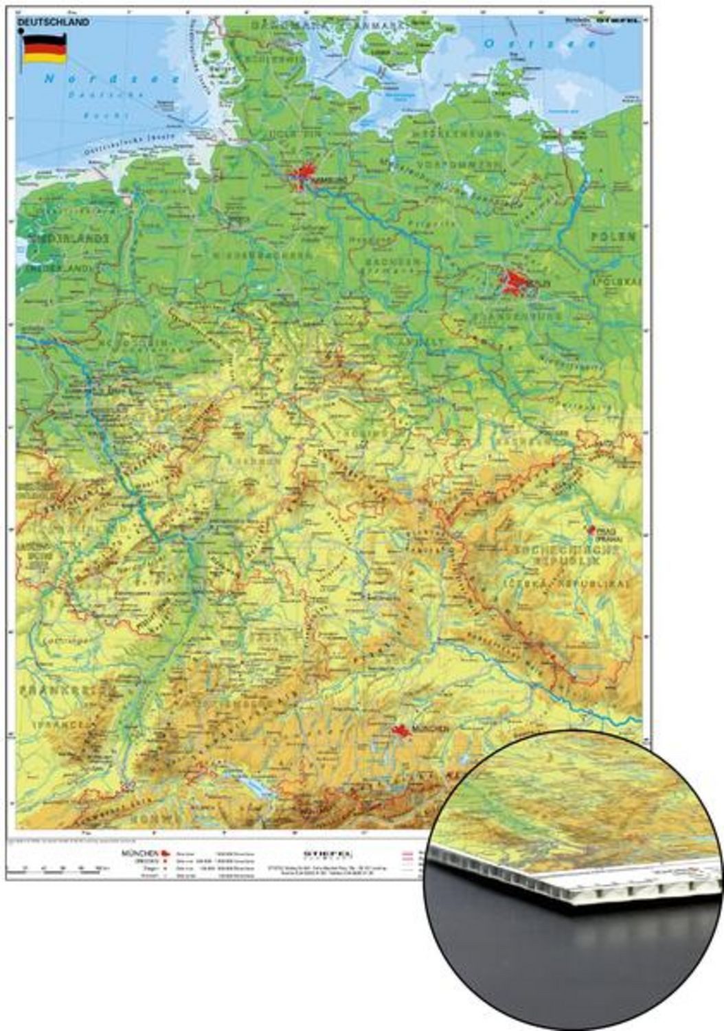 Deutschland physisch zum Pinnen auf Wabenplatte, Planokarte / Heinrich Stiefel