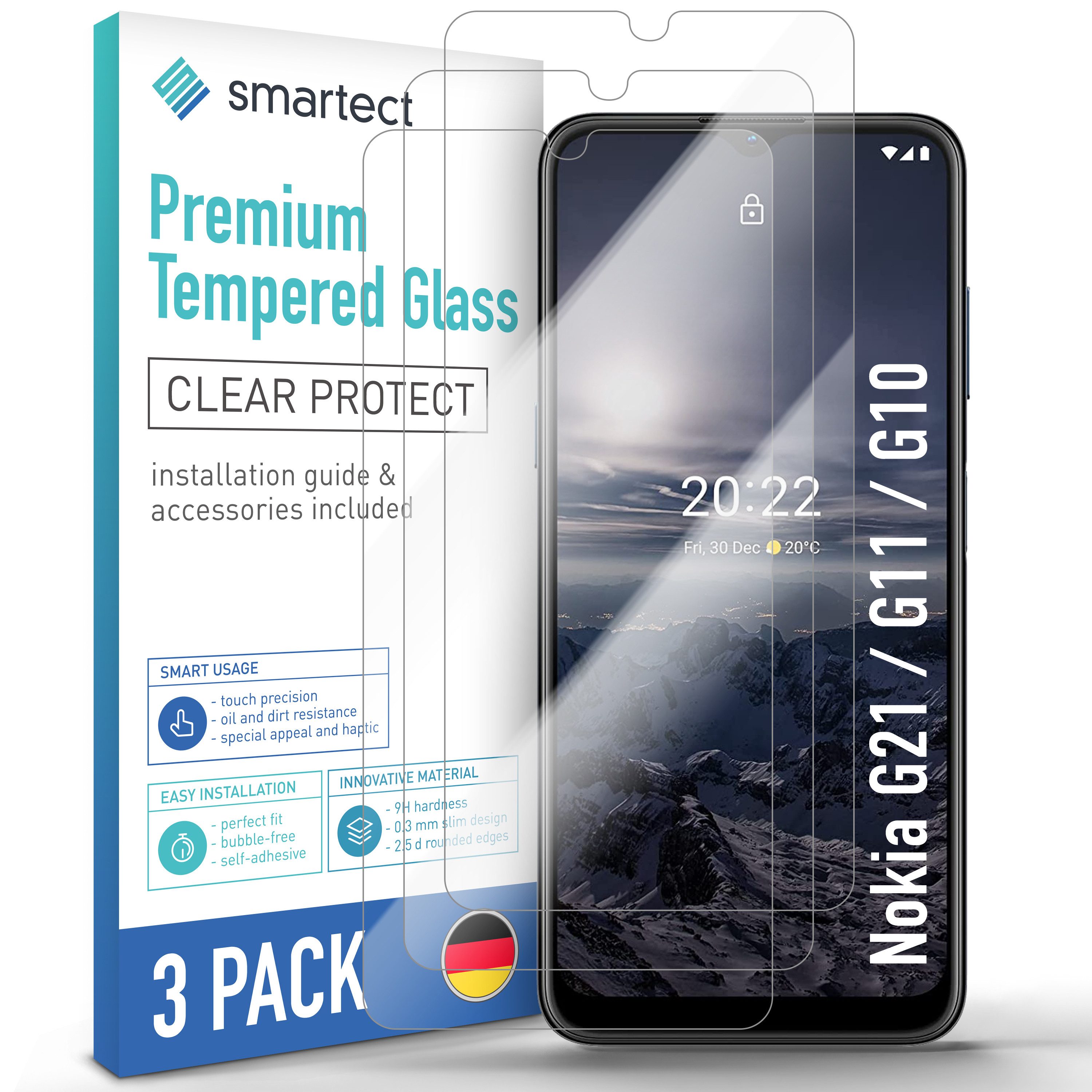 smartect Displayschutzglas 3X Schutzglas Panzerfolie Klar für Nokia G21 / G11 / G10 für Nokia G21 / G11 / G10, Set, 3 Stück, 0.3 mm Ultra-klar, 9H Härte, Kratzfest, Stoßfest, Blasenfrei, Oleophob