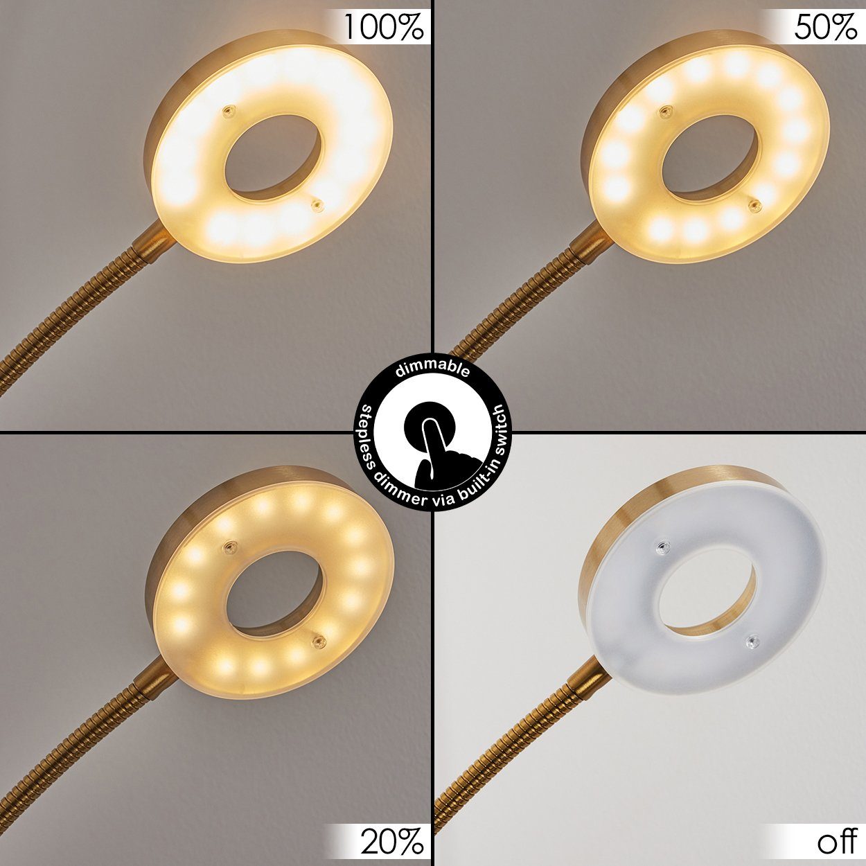 hofstein Deckenfluter »Giralba« dimmbare Stehleuchte aus Metall in Messing, 3000 Kelvin, mit verstellbarem Lesearm, 2070 Lumen