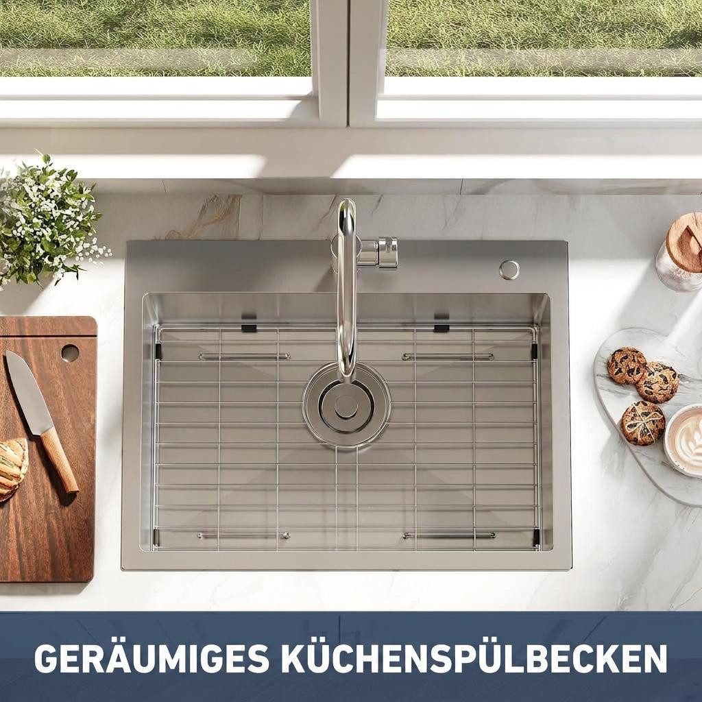 GarveeMore Küchenspüle Aufsatz‑Einbecken aus 304‑Edelstahl 16G, mit Ausziehhahn & Zubehör, schalldämpfend, für Küche‑Hauswirtschaftsraum, Spüle mit Ausziehhahn – Bild 4 von 5