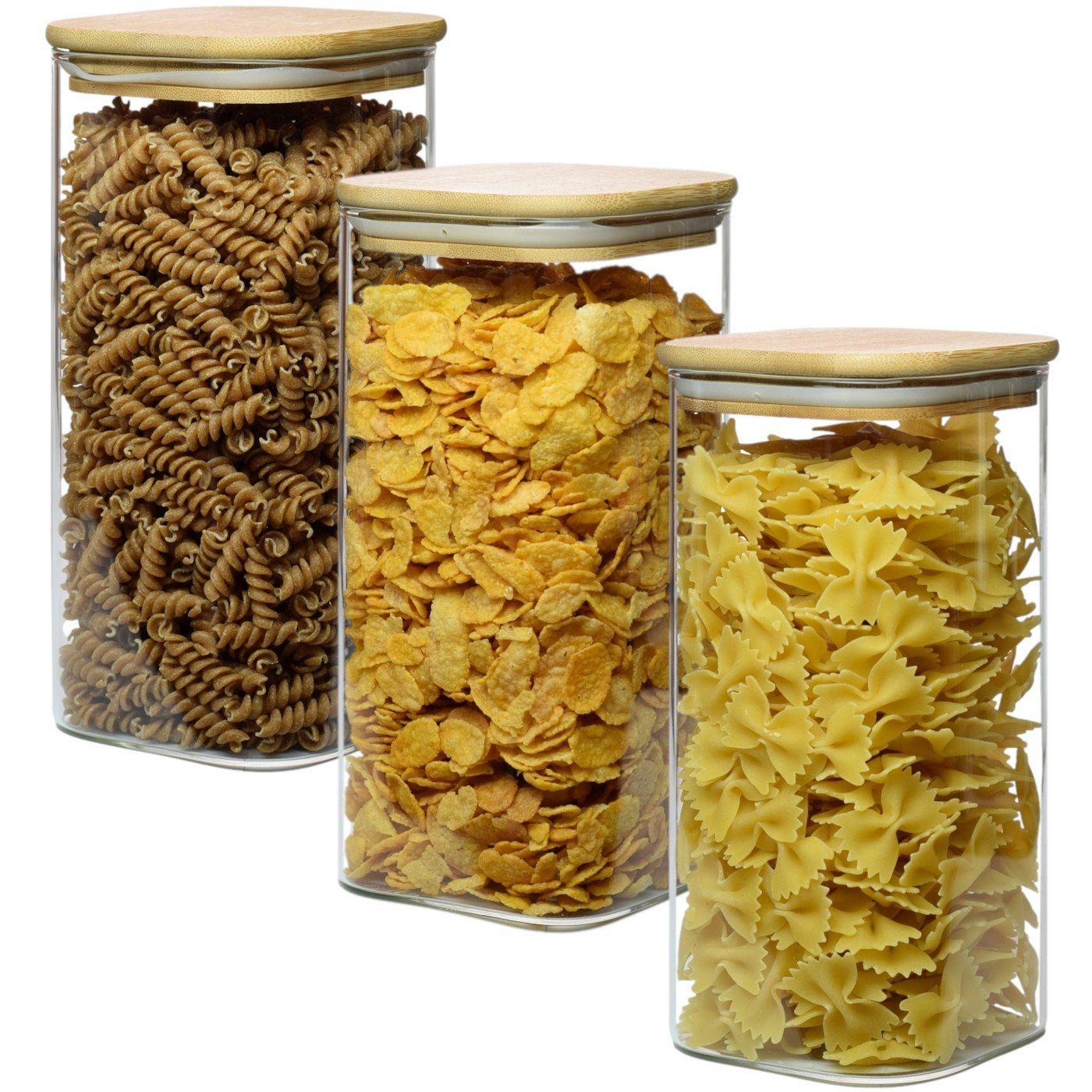 gouveo Vorratsglas Vorratsgläser aus Borosilikatglas Quadrat mit Bambus-Deckel, (3-tlg., 1500 ml)
