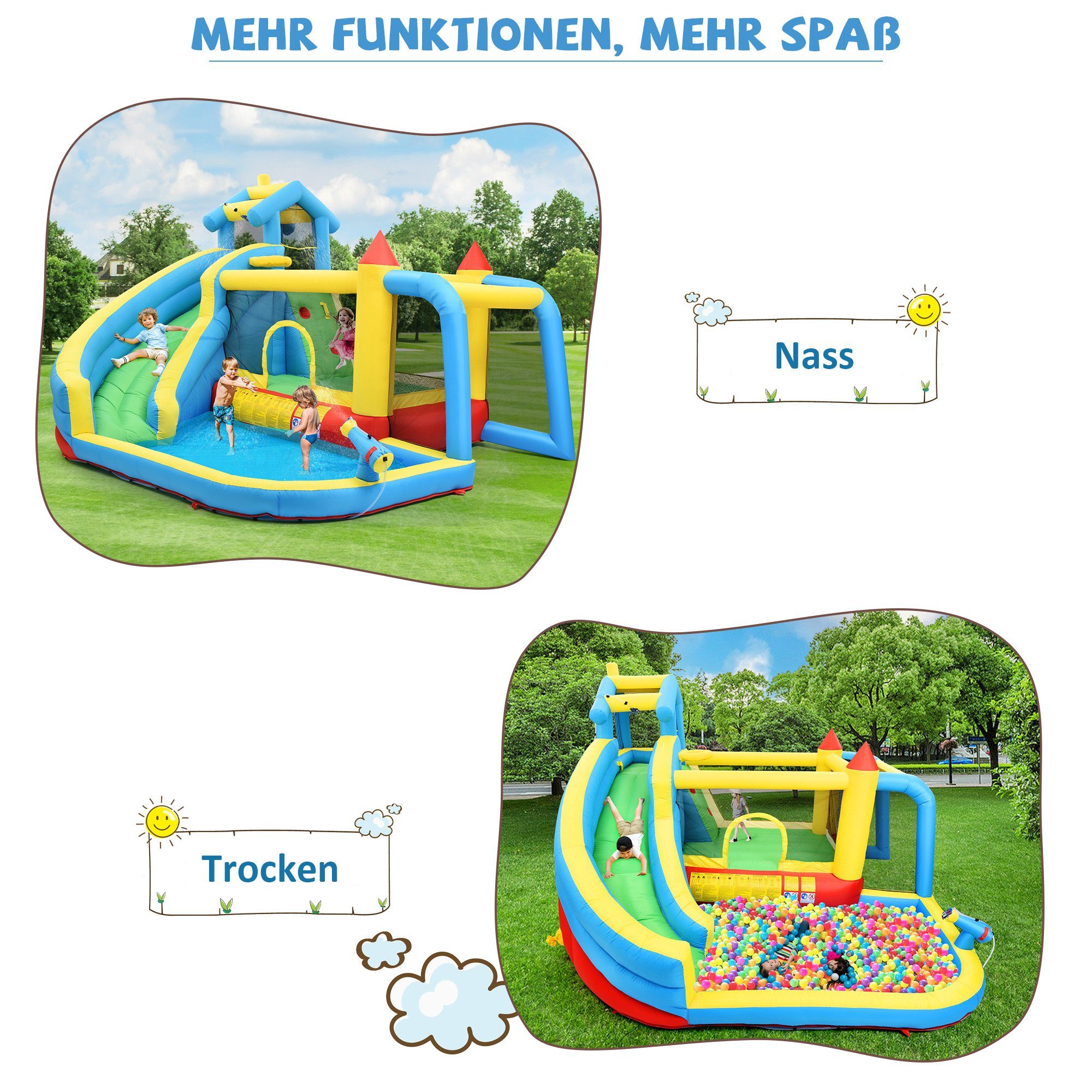 Merax Hüpfburg, Trocken-/Wasserrutsche,Pool,aufblasbare Springburg,Outdoor Wasserpark