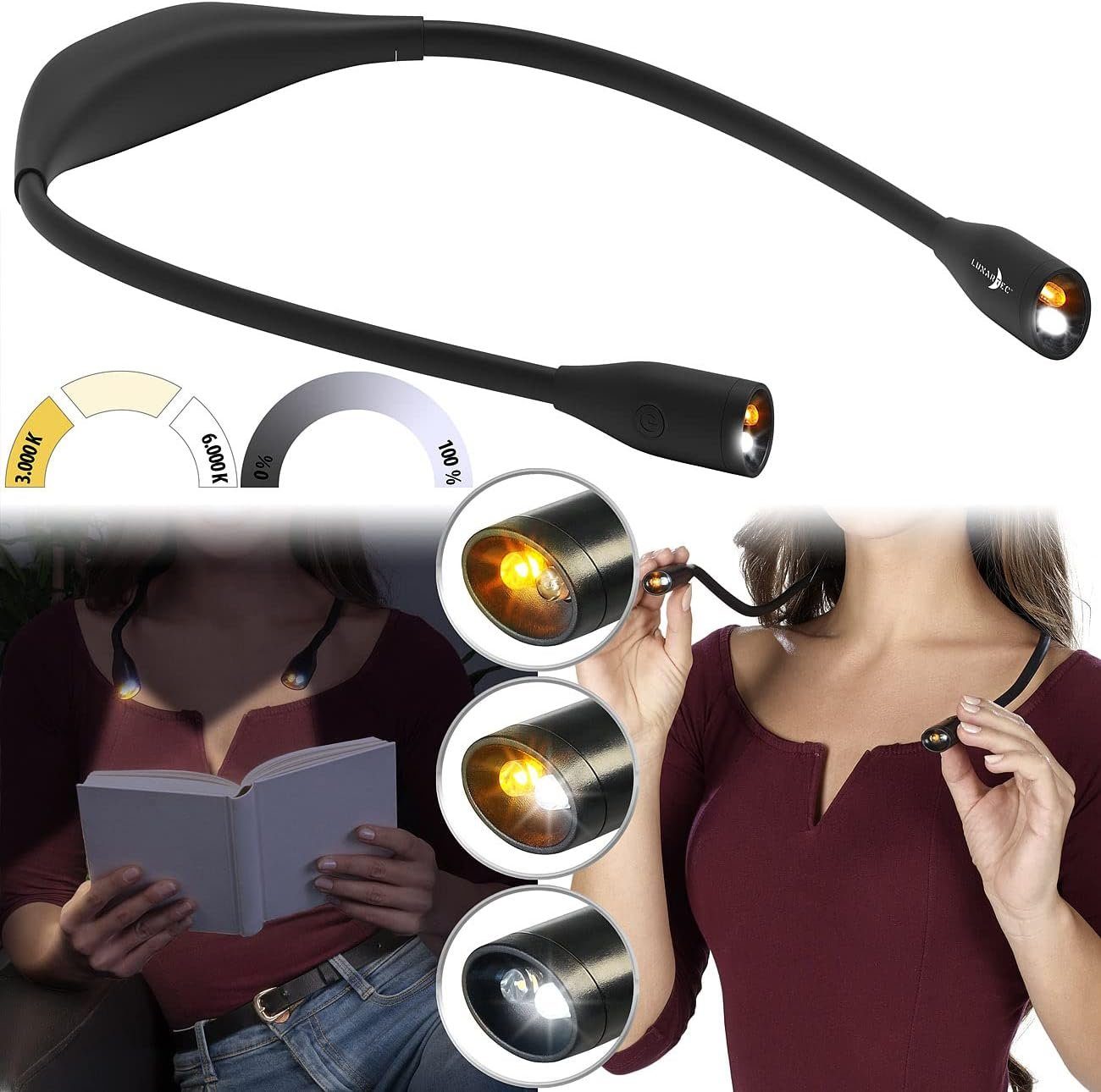 Lunartec LED Leselampe LED-Leseleuchte zum Umhängen Leselampe 6 Std Akku di günstig online kaufen